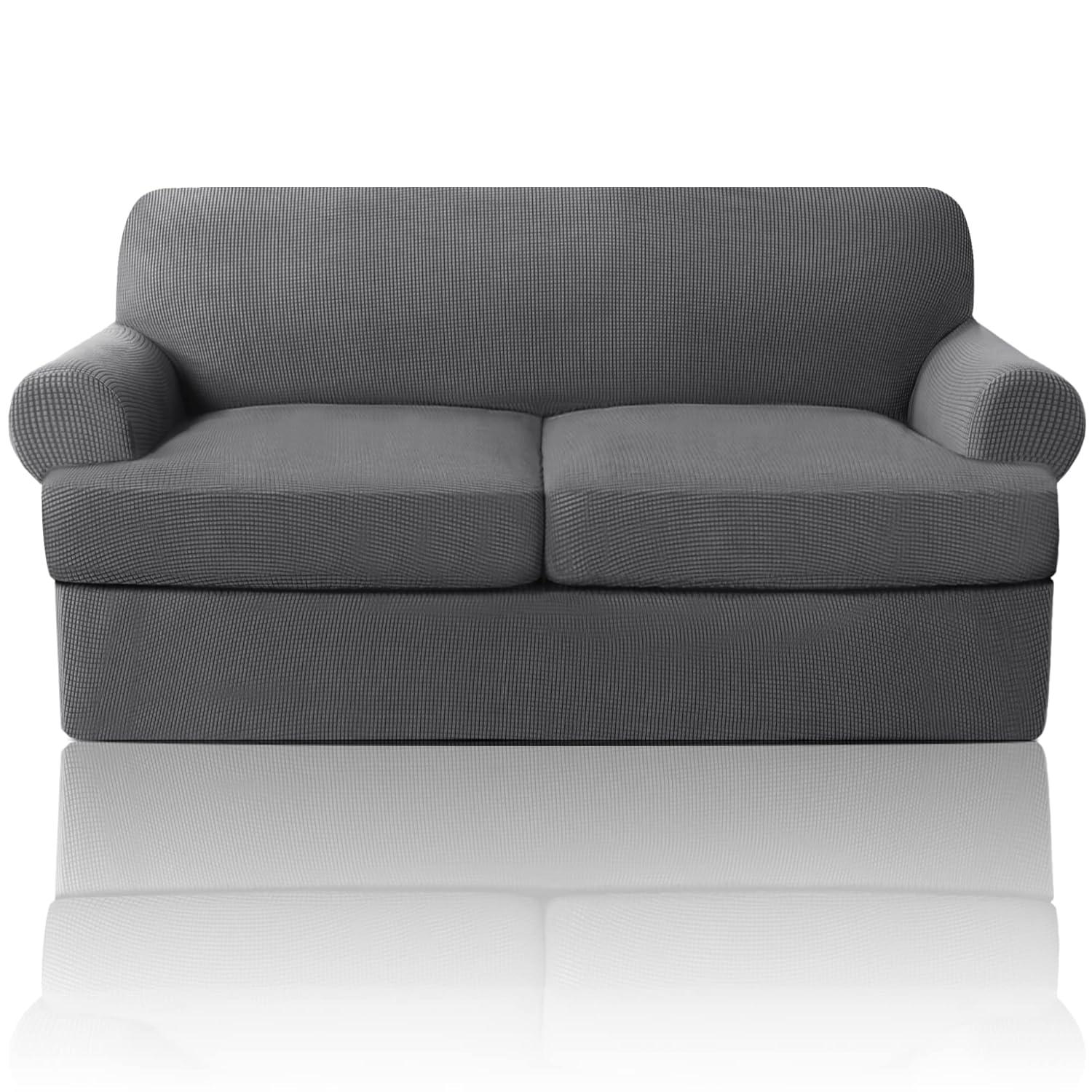 PrinceDeco T Cushion Loveseat Slipcover 3 Pieces Sofa Covers for T Cushion Sofa Stretch Sofa Covers for 2 Cushion Couch with 2 Individual T Shape Seat Covers Width Up to 72"- Washable, Grey