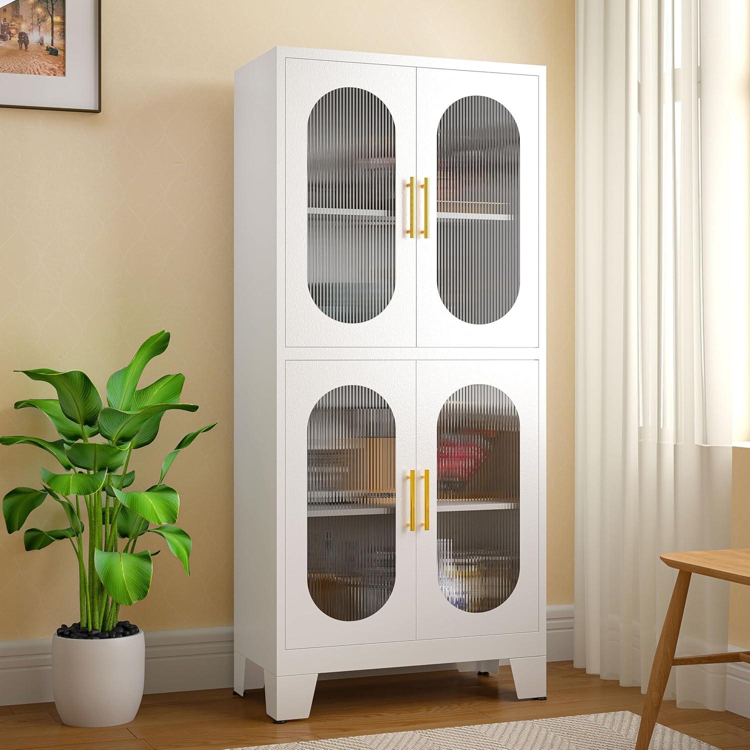 White Metal Pantry Cabinet with Acrylic Glass Doors and Adjustable Shelves