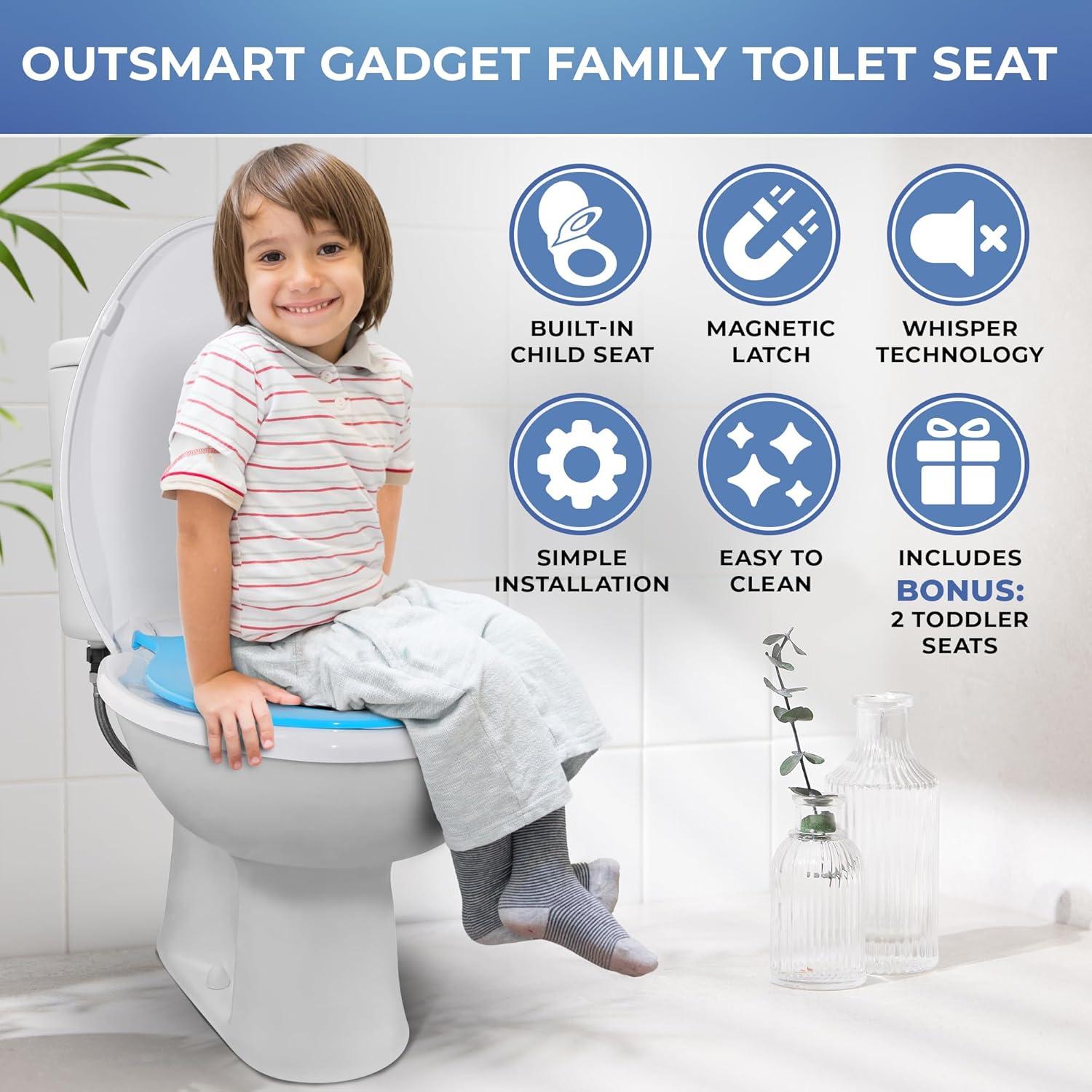 Elongated White Family Toilet Seat with Blue and Pink Toddler Attachments