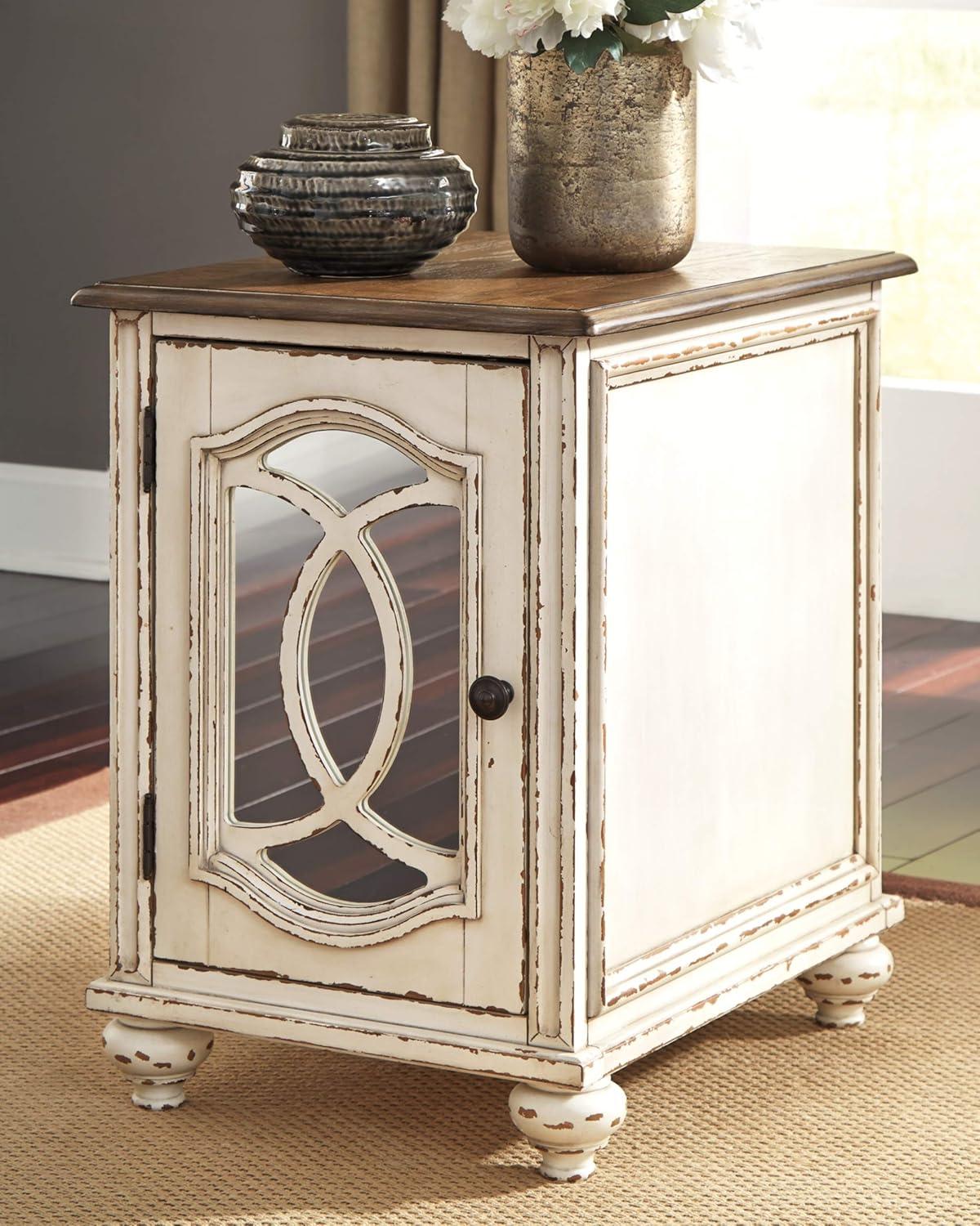 Antiqued Two-Tone Mirrored Cottage End Table with Storage