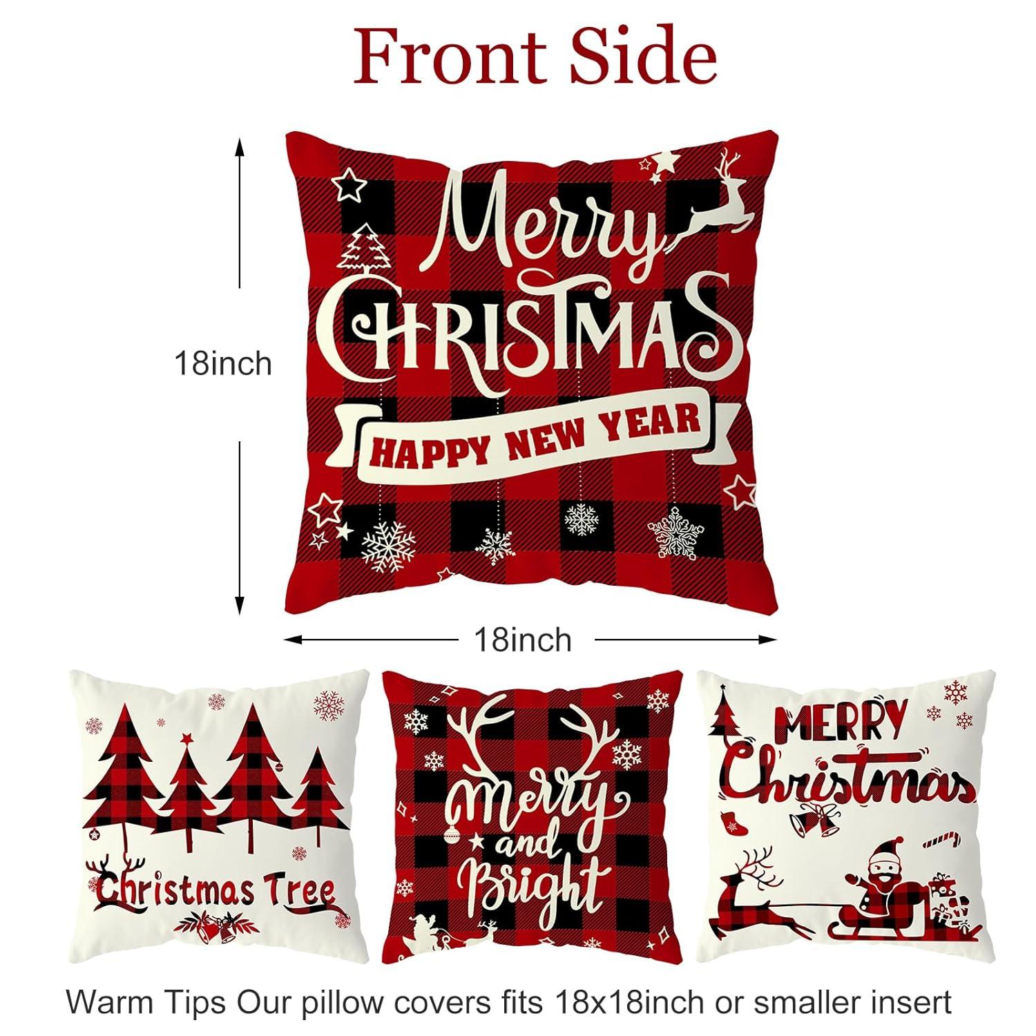 Christmas Pillow Covers 18x18 Set of 4 - Red Black Buffalo Check Plaid Decor - Indoor Outdoor Xmas Throw Pillow Cases for Sofa Couch