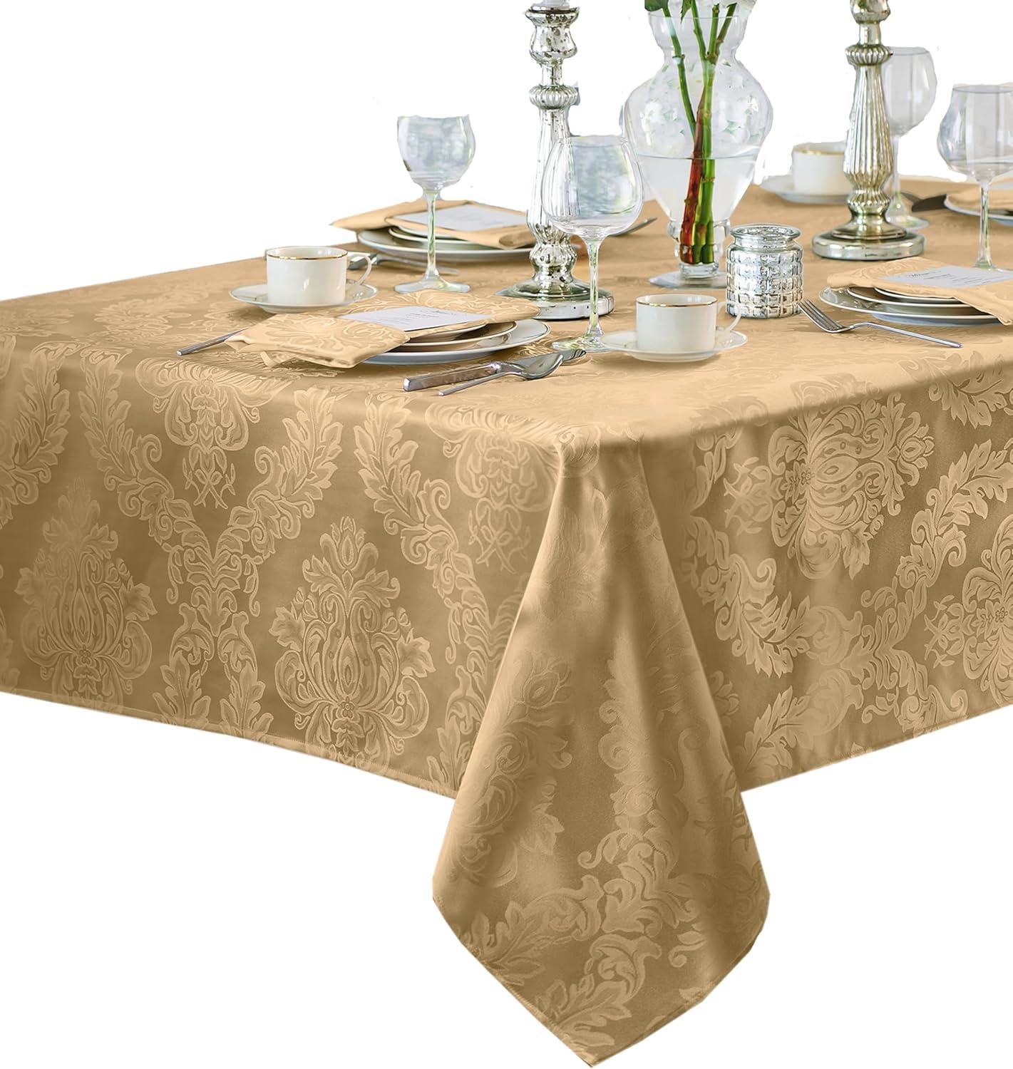 Barcelona Jacquard Damask Stain Resistant Tablecloth - 60" x 144" Rectangle - Gold - Elrene Home Fashions
