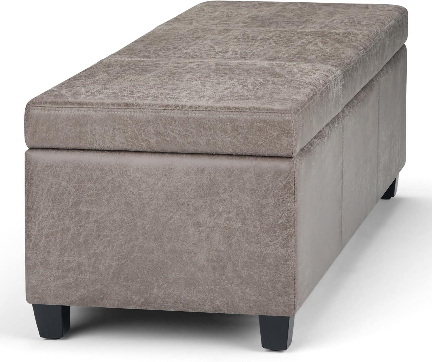 Simpli Home Avalon Storage Ottoman Bench In Distressed Grey Taupe Vegan Faux Leather