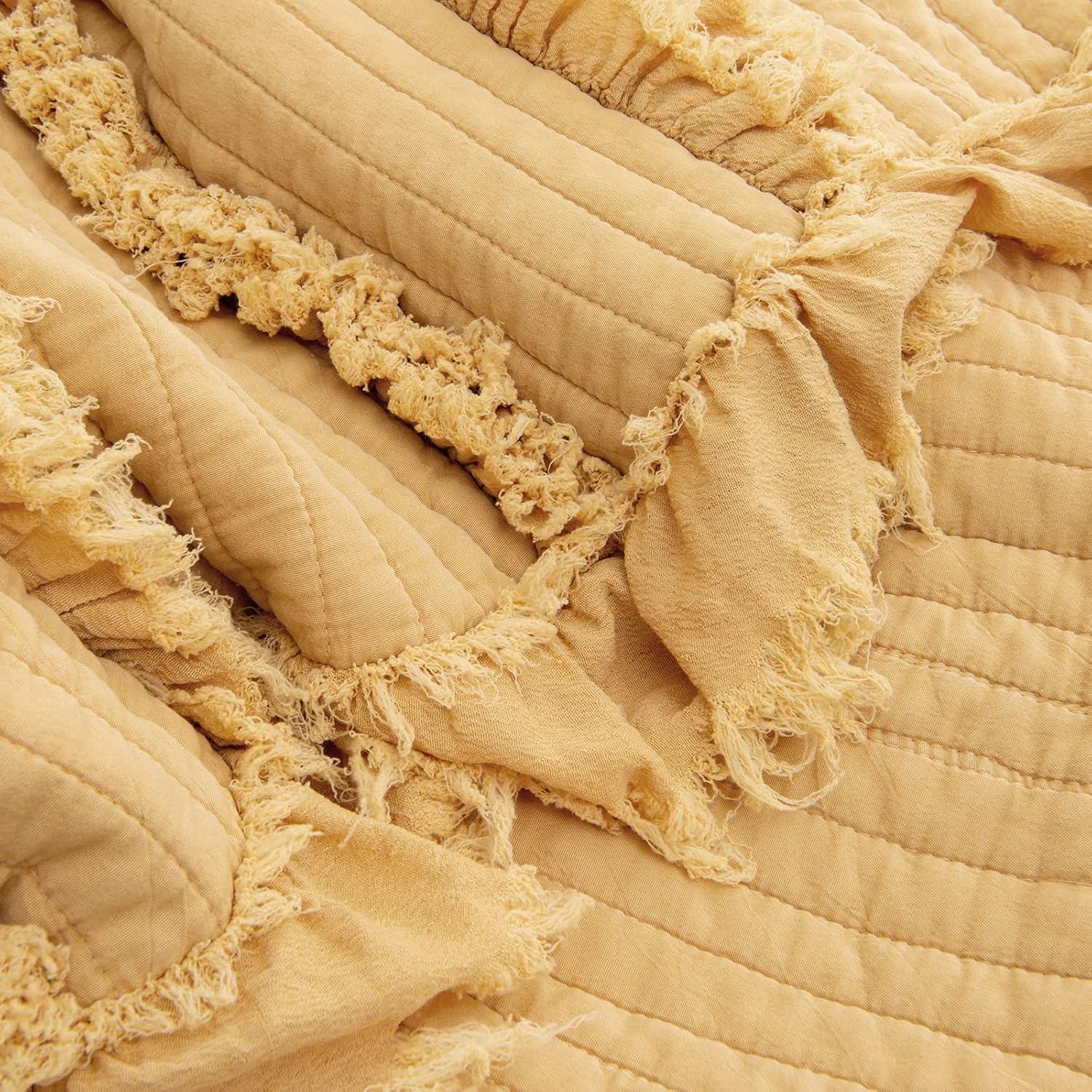 Ultra Soft Quilted Throw Blanket with Ruffle Fringe Pre-Washed, Boho Decor in Stone Washed Yellow, Rustic Chic Blanket for Sofa, Couch, Bed, or Chair,90"x 90"