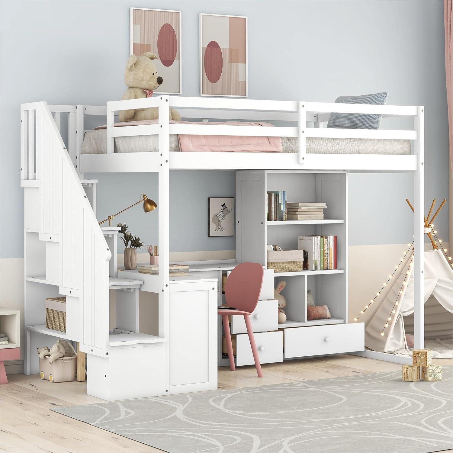 Bellemave Twin Size Loft Bed with Desk and Stairs Wood Loft Beds with Storage Cabinet and Bookcase High Loft Bed Frame with Staircase Shelves for Kids, Teen, Boys, Girls, White