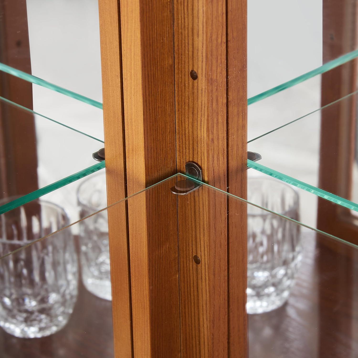 Lighted Curio Cabinet Wooden Corner Display Cabinet with Adjustable Tempered Glass Shelves Vintage Accent Storage Cabinet with Mirrored Back & Tempered Glass Doors, Oak