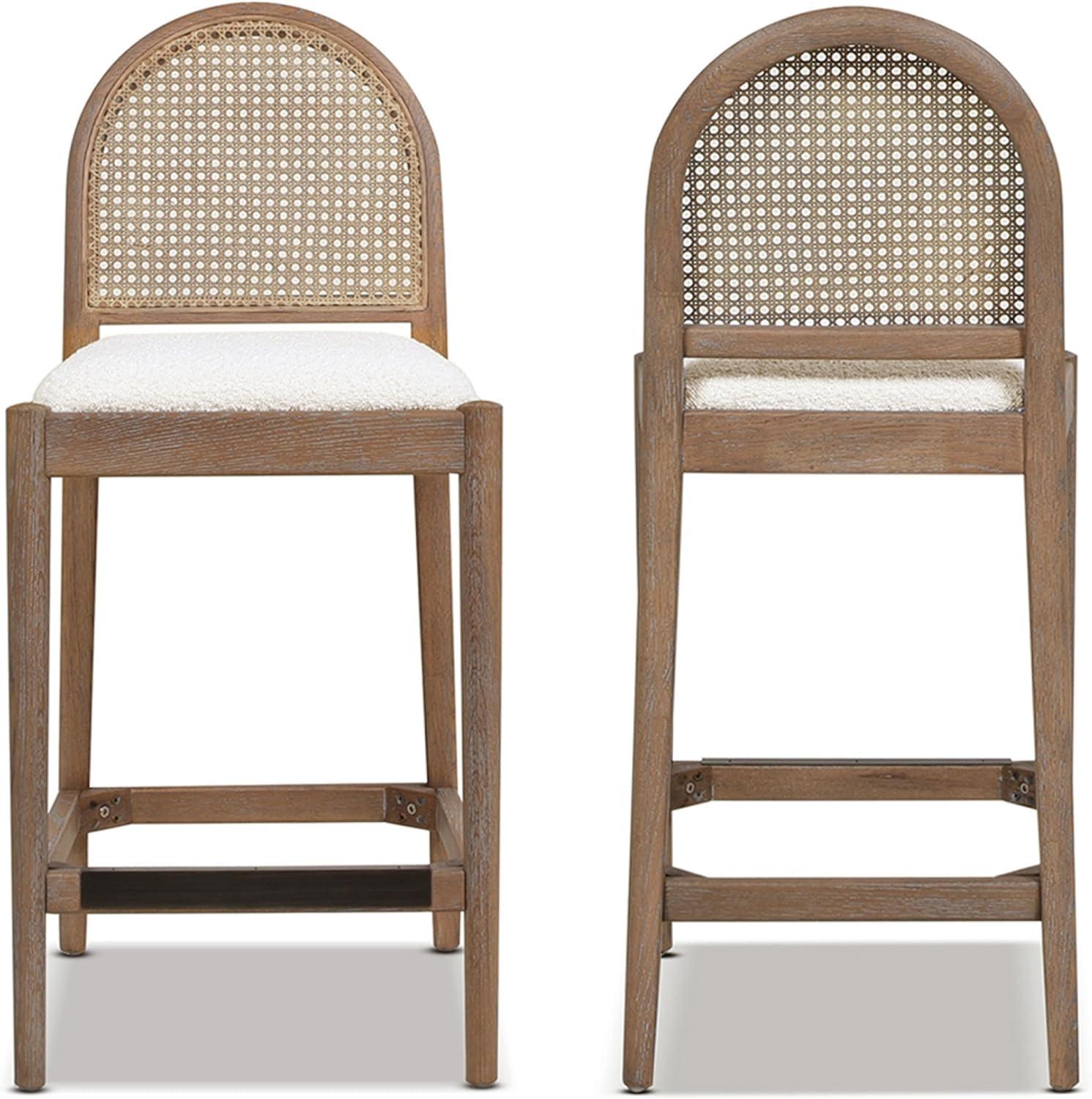 Ivory White Boucle and Oak Curved Bar Stools, Set of 2