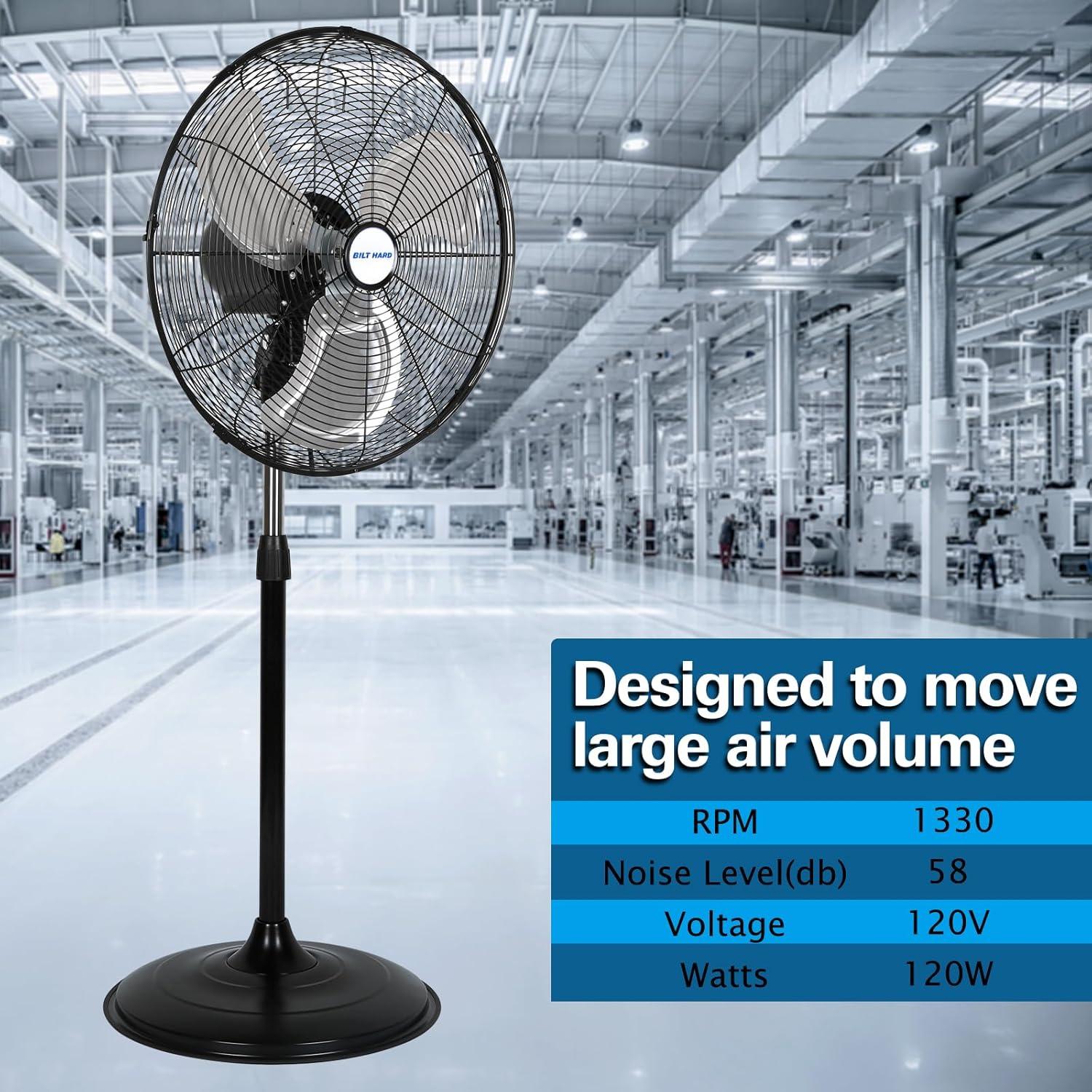 BILT HARD 5200 CFM 20" High Velocity Pedestal Fan, 3-Speed Industrial Oscillating Stand Fan with Aluminum Blades, Heavy Duty Standing Shop Fan for Commercial, Residential, and Garage