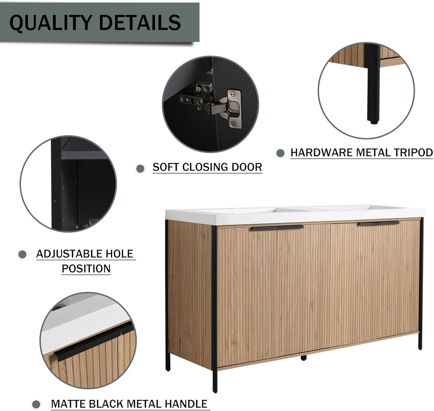SSLine 60" Bathroom Vanity with Double Sink Mid-Century Modern Bathroom Sink Cabinet Freestanding Bathroom Vanities with Double White Top Basin and Adjustable Storage Shelves, Natural Brown Stripe