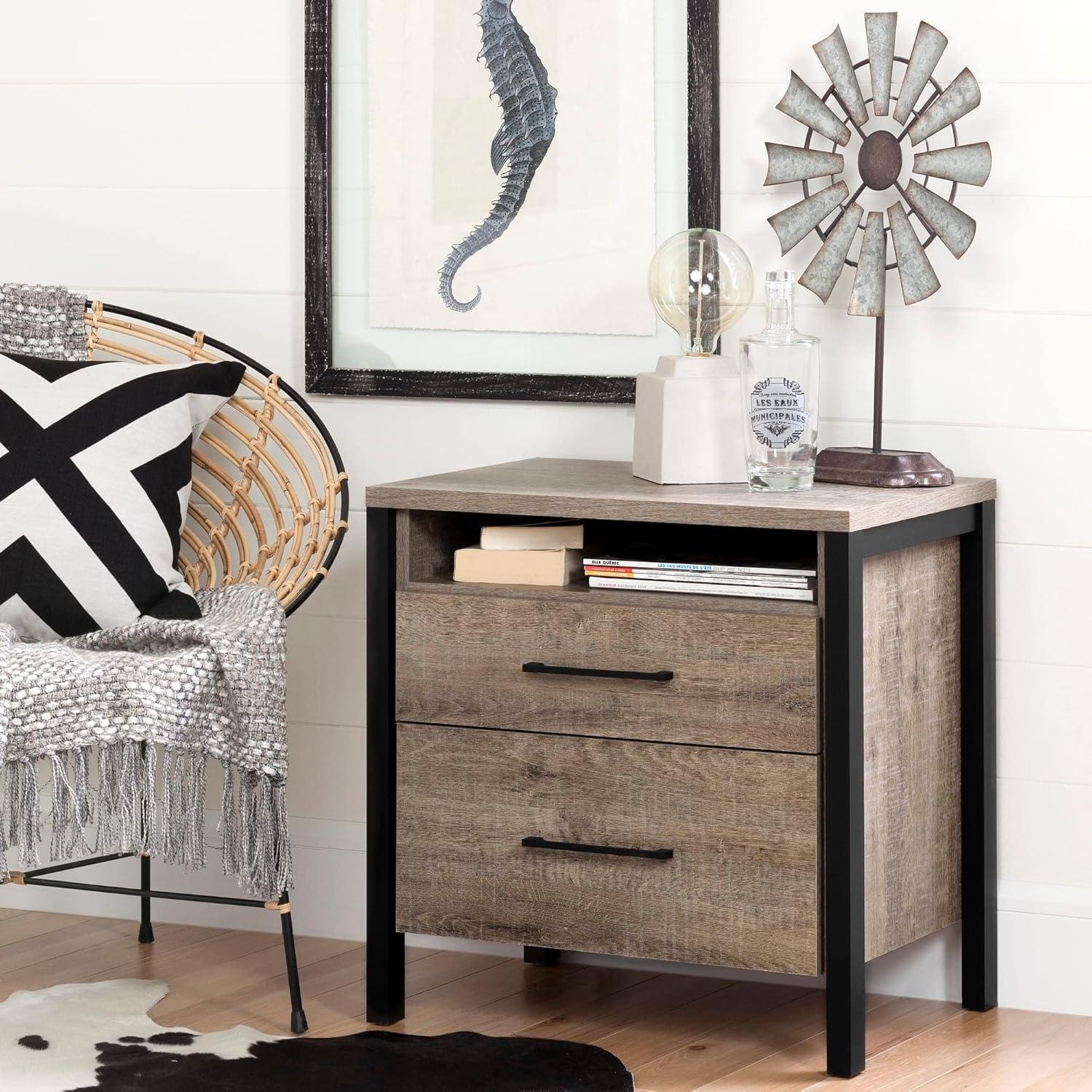 Munich 2-Drawer Nightstand - End Table with Storage Weathered Oak and Matte Black