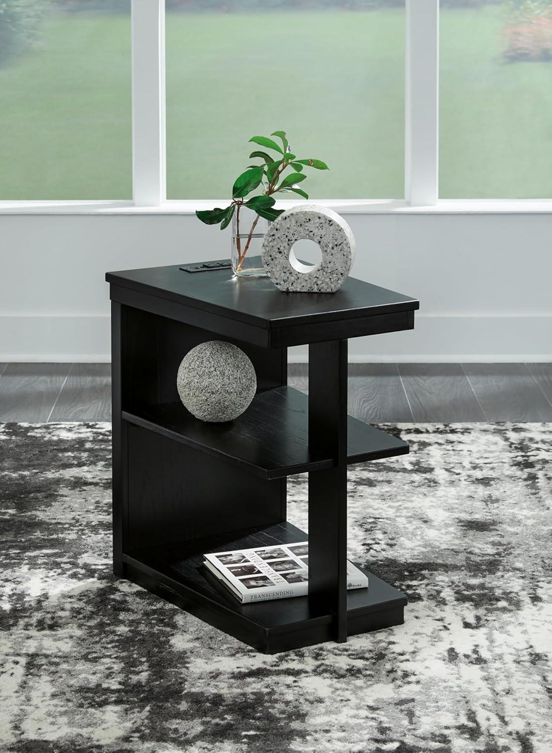 Black Wood Chairside End Table with USB Ports and Shelves