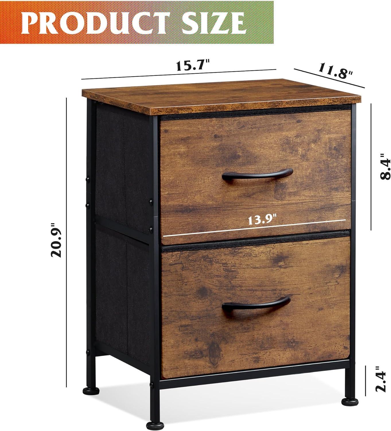 Dresser with 2 Drawers, Fabric Nightstand, Tall Dresser for Bedroom, Storage Chest of Drawers with Wood Top, Bedside Table, Rustic Brown