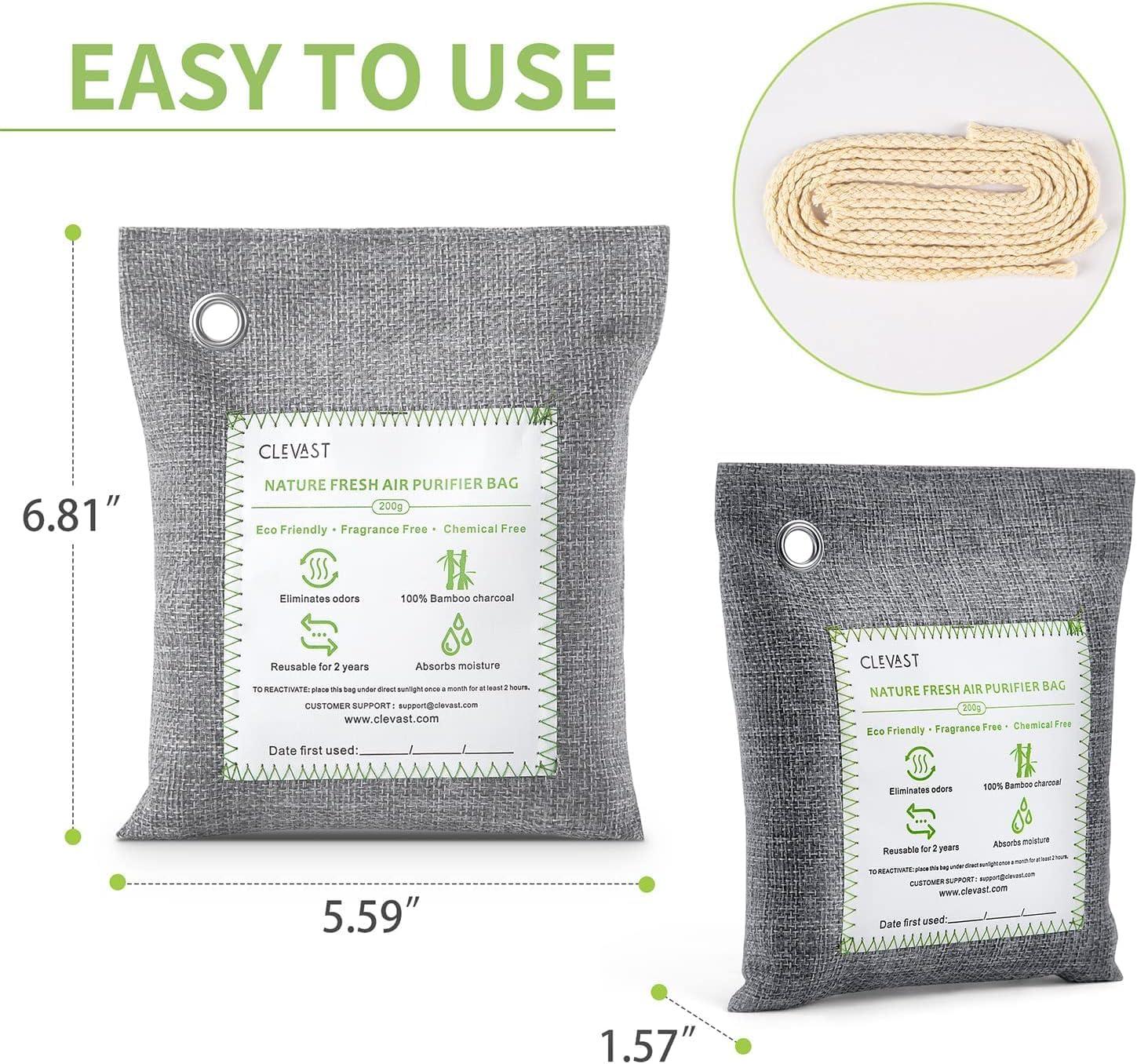 CLEVAST Charcoal Air Purifying Bags (4×200g), Removes Odors and Moisture, Nature Fresh Air Purifier Bags, Odor Eliminator for Home, Car, Pets, Bathroom, Basement