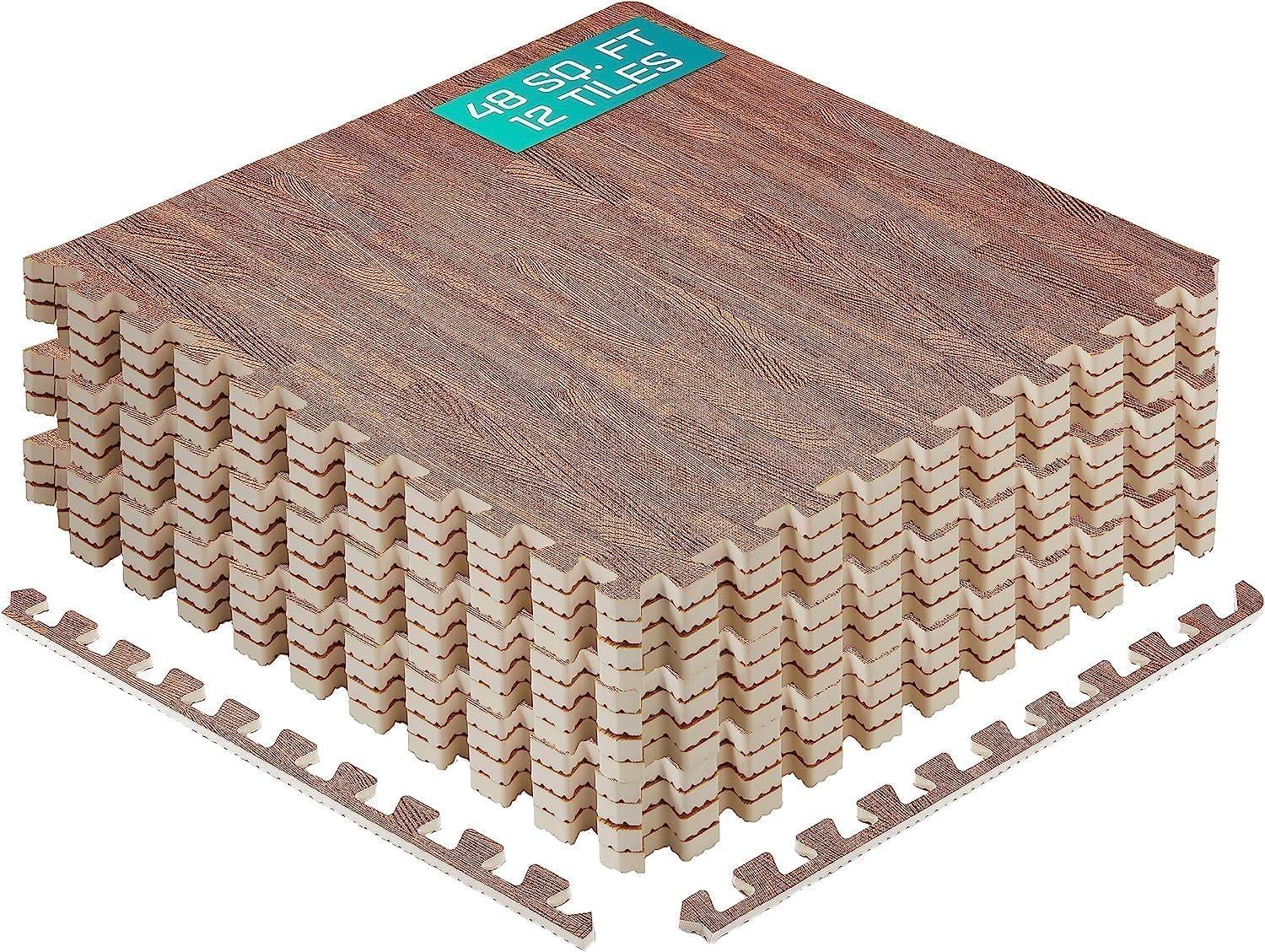 Yes4All 12 pcs Interlocking Exercise Foam Mats, Cover 48 sqft, 3/8 inch, Oak Wood Dark Color