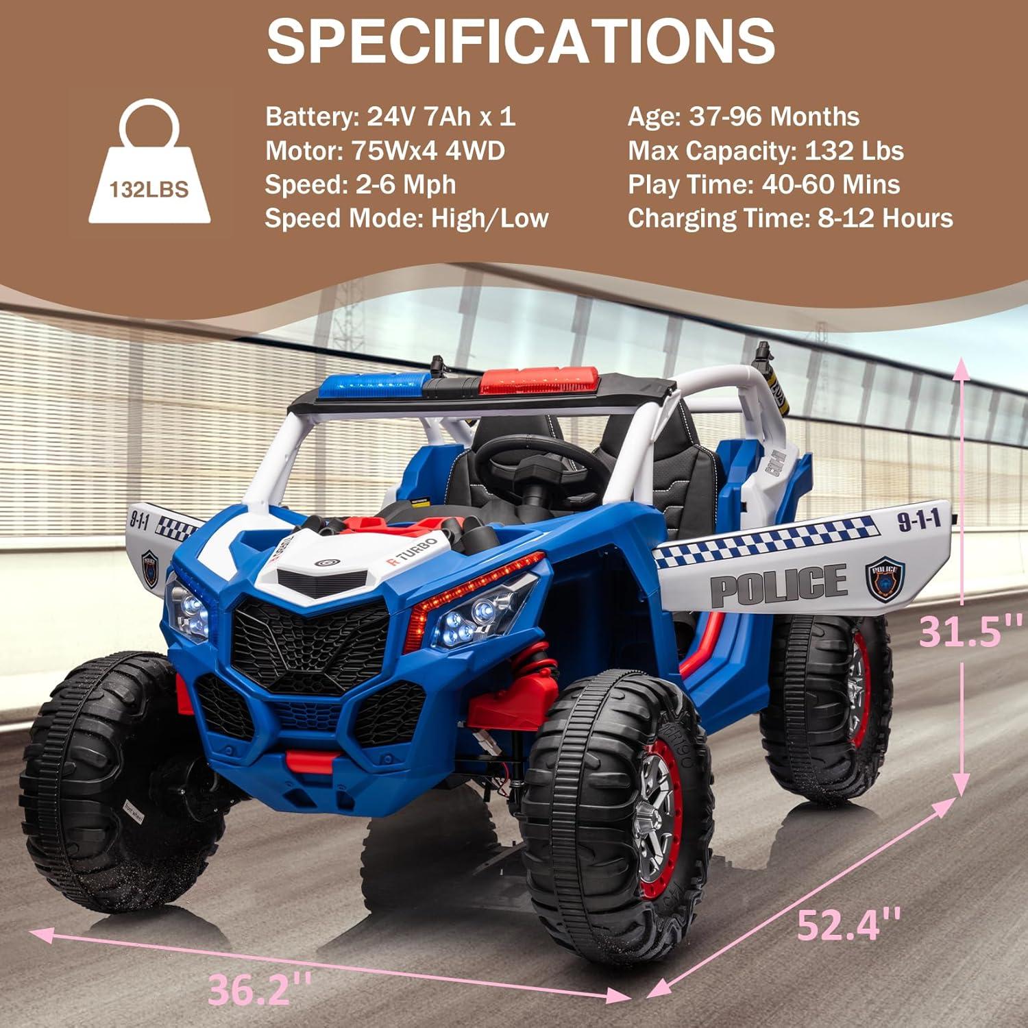 Huloretions Two Seater 24V Kids Ride on UTV Car, 4WD 300W Motors Powerful Electric Vehicle w/Remote Control, 4 Shock Absorbers, Leather Seats, Music and Lights, Electric Car for Kids