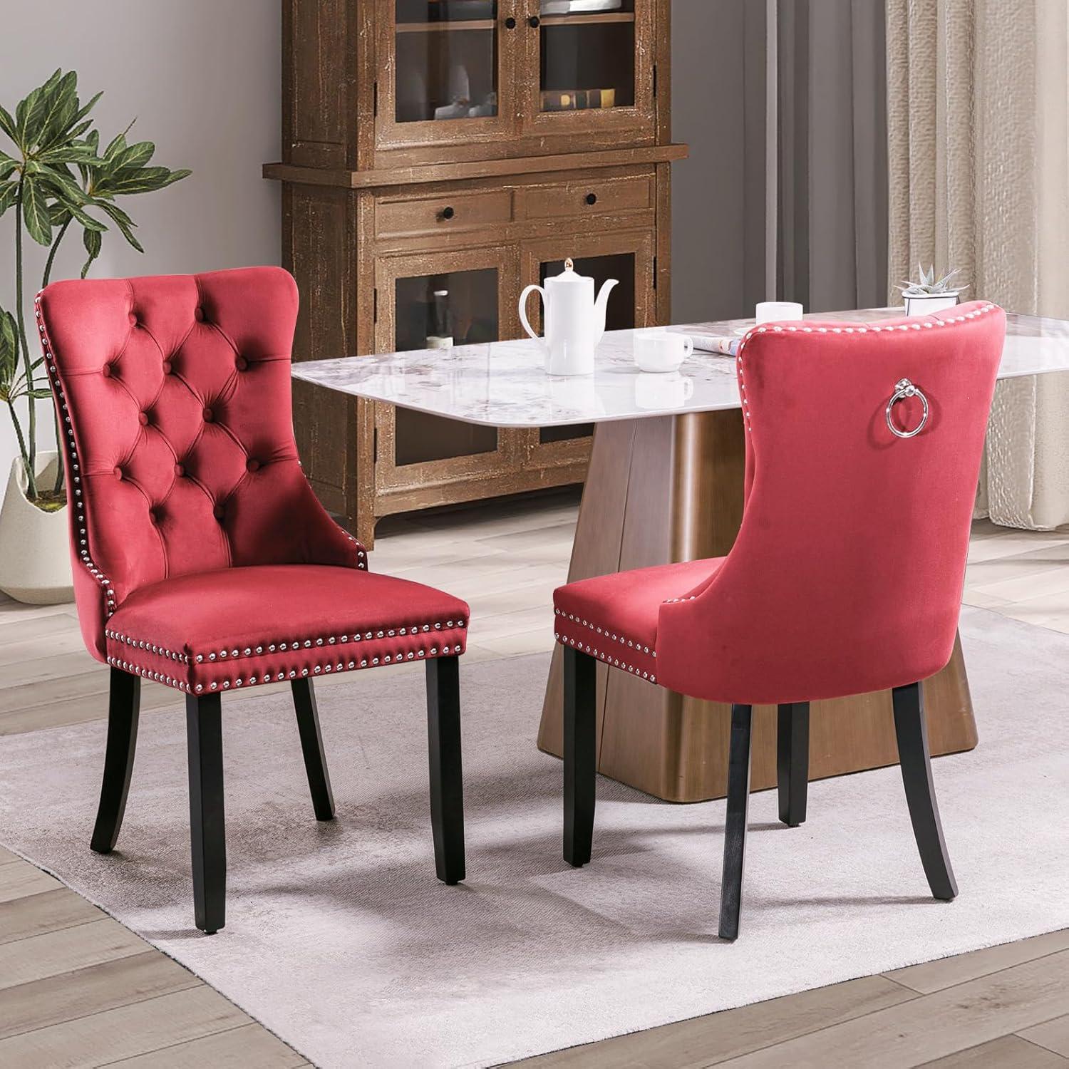 Wine Red Velvet Upholstered Tufted Side Chairs with Wood Legs, Set of 2