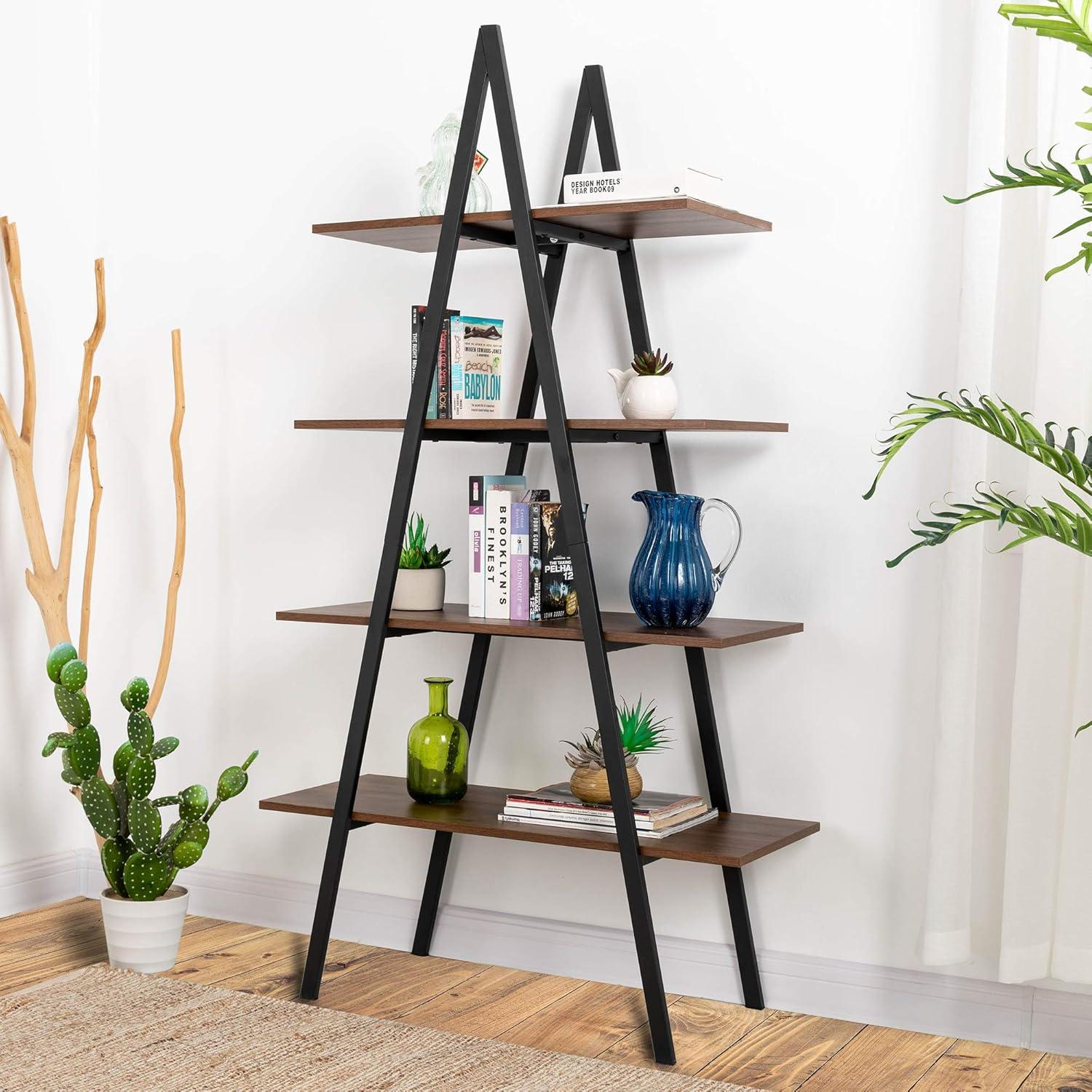 Glitzhome 64.5"H Modern Industry Wooden Oak Melamine 4-Tier Metal/ Wooden Leaning Bookcases & Ladder Shelves