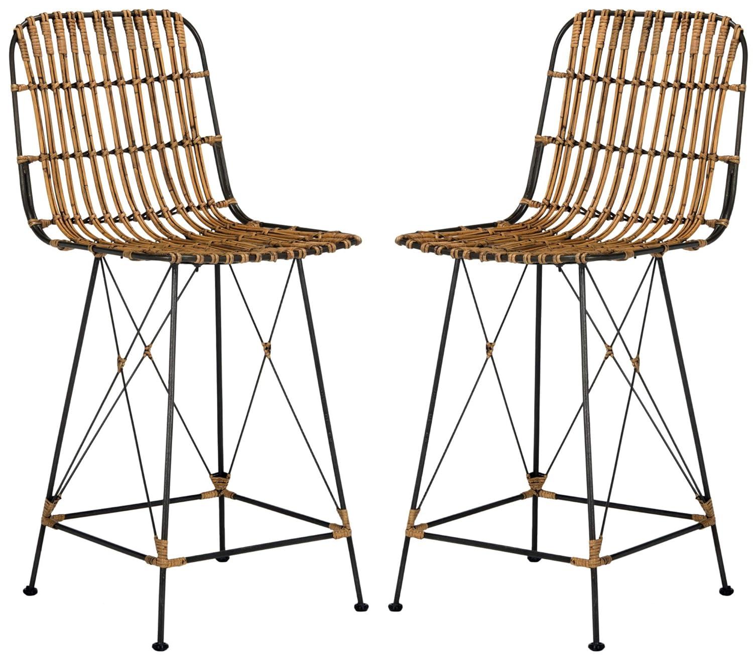 Minerva Wicker Counter Stool (Set of 2)  - WIK6509 - Natural Brown Wash/Black - Safavieh