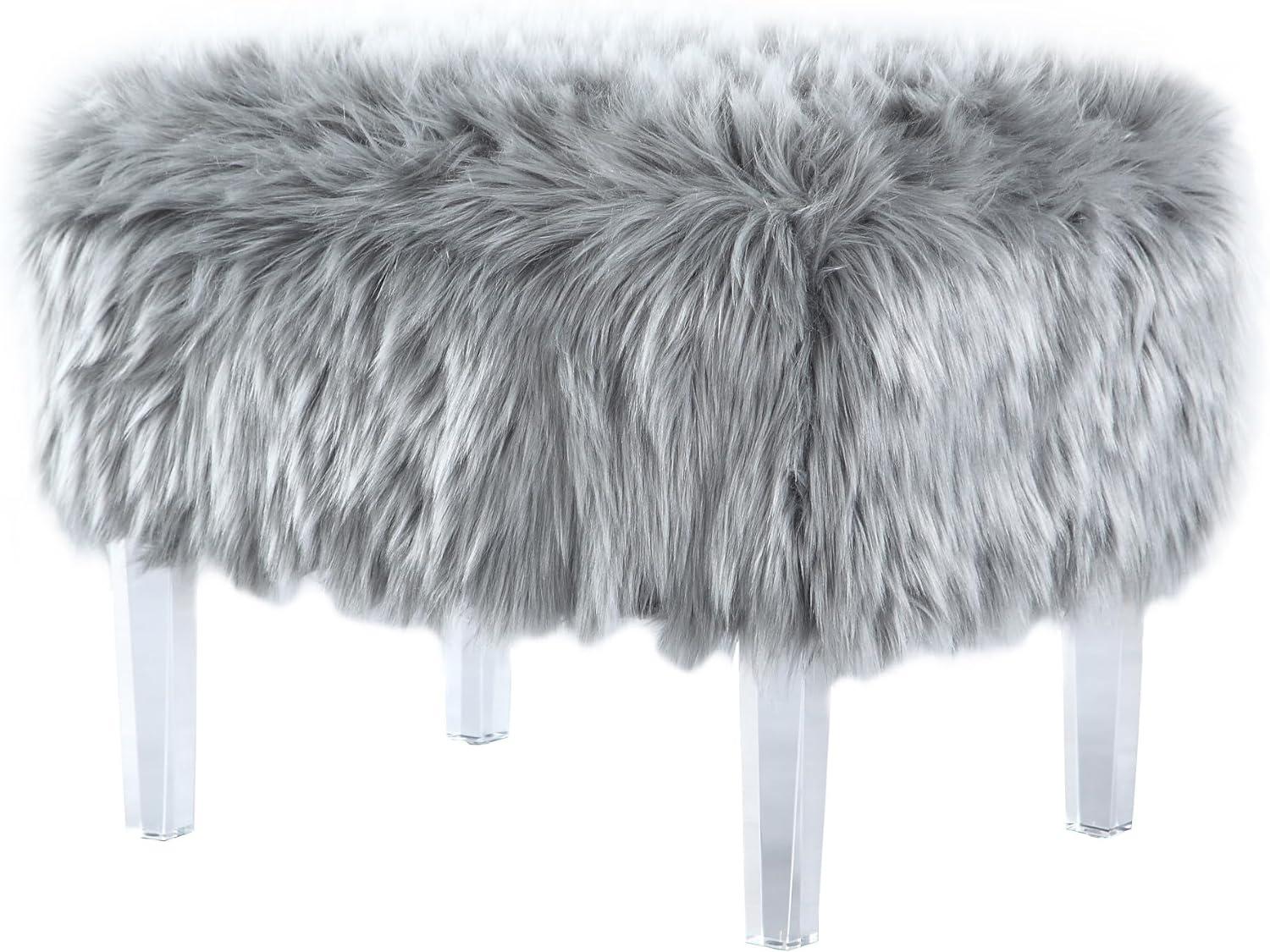 Fiorino Modern Grey Faux Fur Ottoman with Acrylic Legs