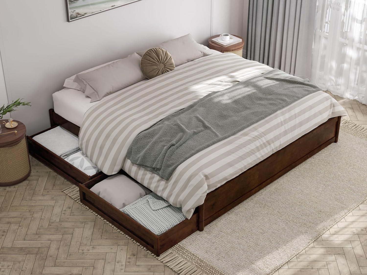 Barcelona King Solid Wood Panel Platform Bed with Storage Drawers in Walnut