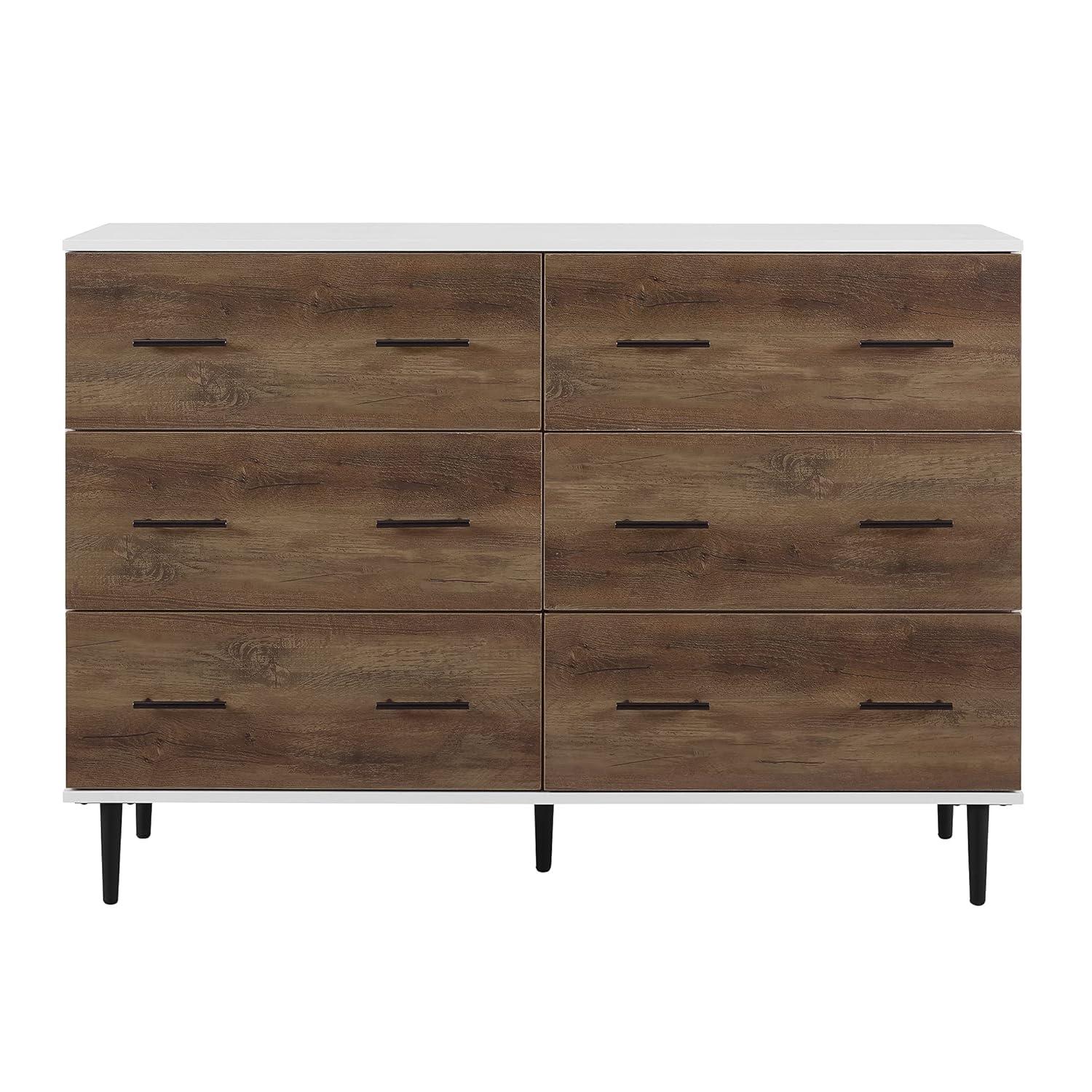 Walker Edison Mila Modern 6 Drawer Storage Buffet, 52 Inch, White and Rustic Oak