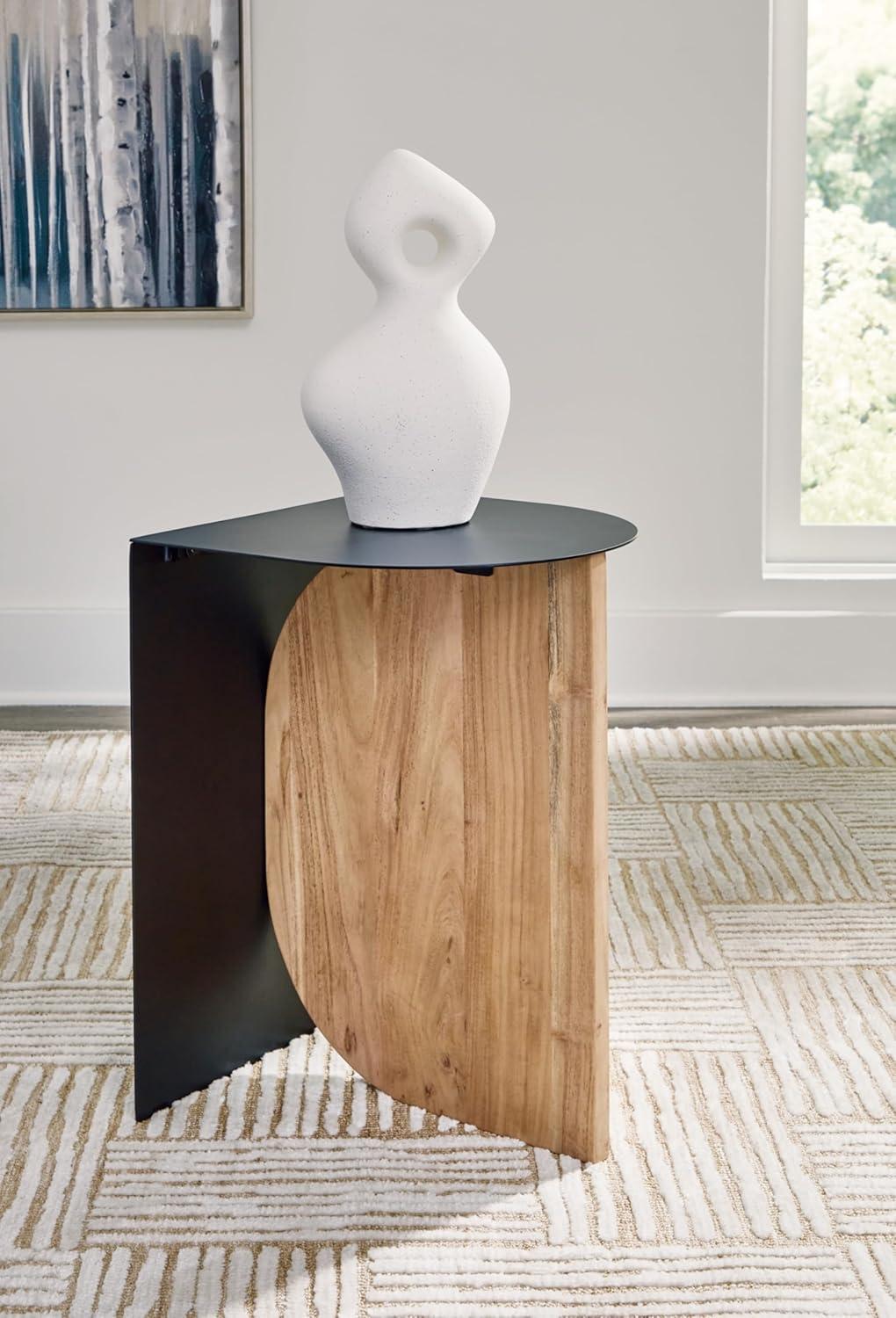 Contemporary Black and Natural Wood D-Shape Accent Table