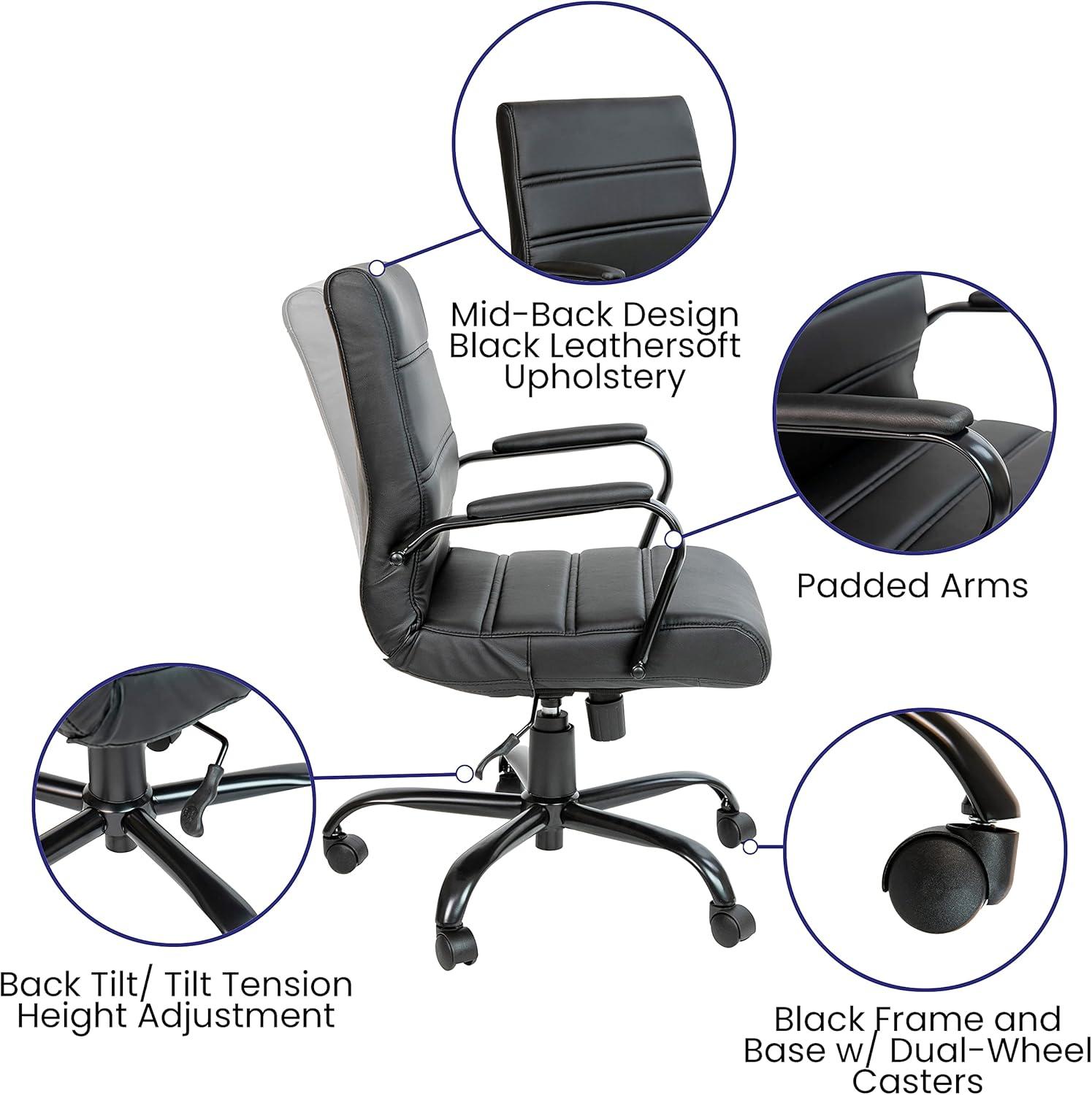 Modern Mid-Back Black LeatherSoft Swivel Executive Chair with Metal Arms