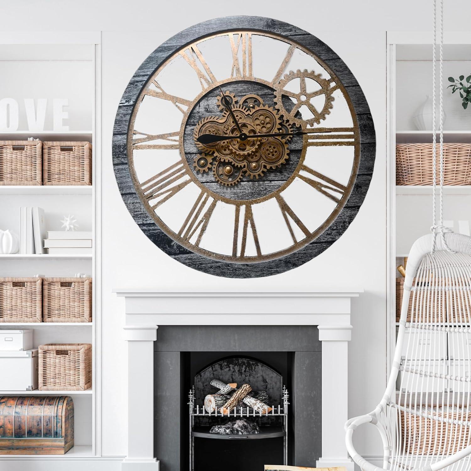 The Gears Clock Wall Clock 36" Round Oversized for Living Room decor with Real Moving Gears America Collection