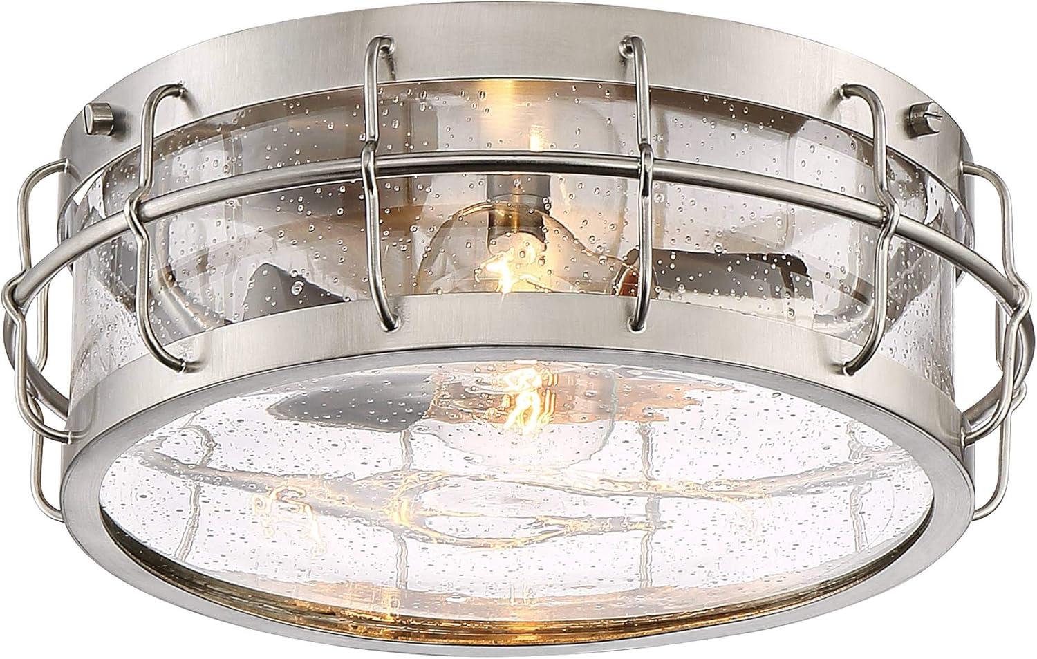 Possini Euro Design Aya Modern Industrial Ceiling Light Flush Mount Fixture 13 1/4" Wide Satin Nickel 2-Light Cage Clear Seeded Glass for Bedroom Home