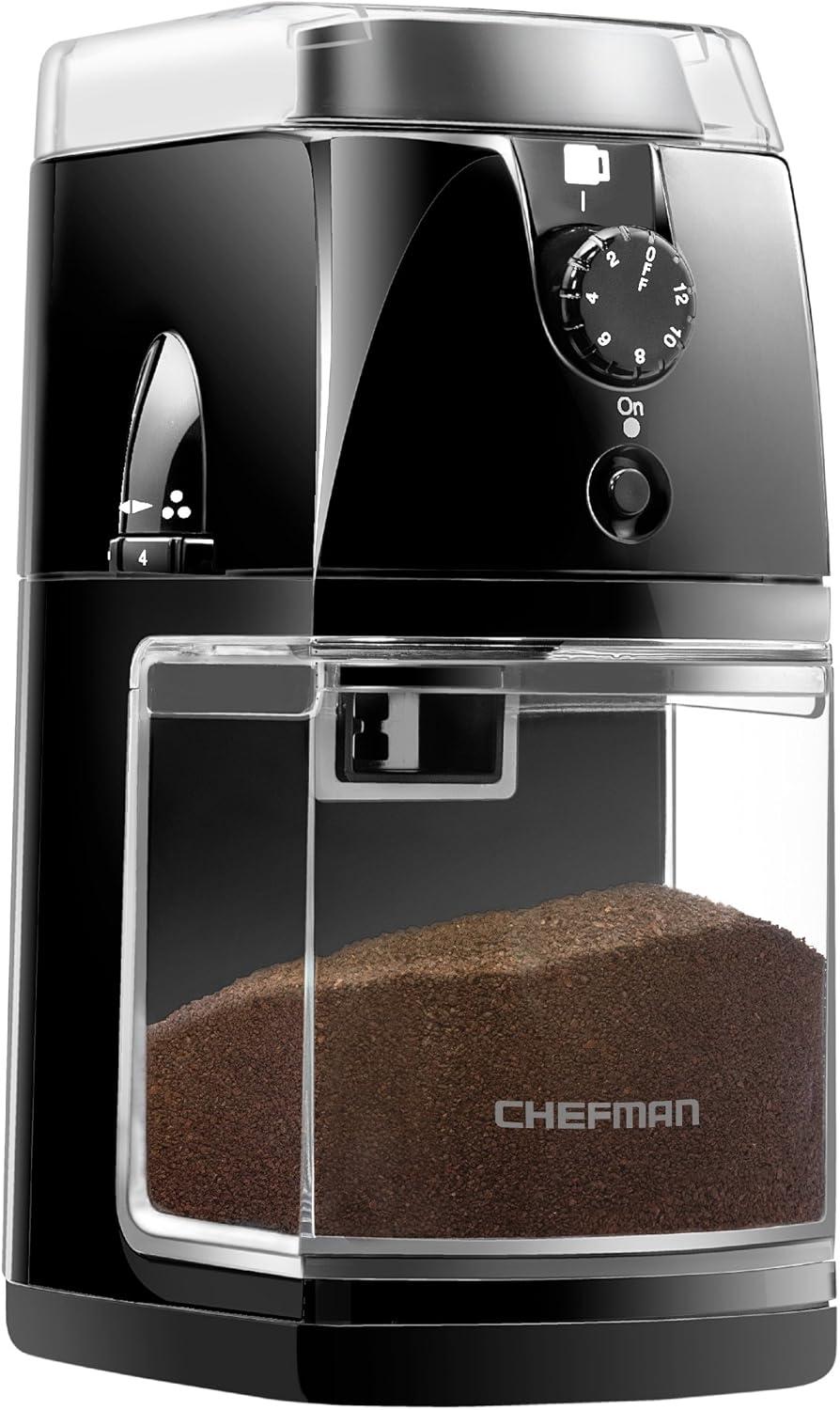Chefman Coffee Grinder Electric Burr Mill 8oz Beans Large Hopper Easy One Touch Operation, Cleaning Brush Included Black