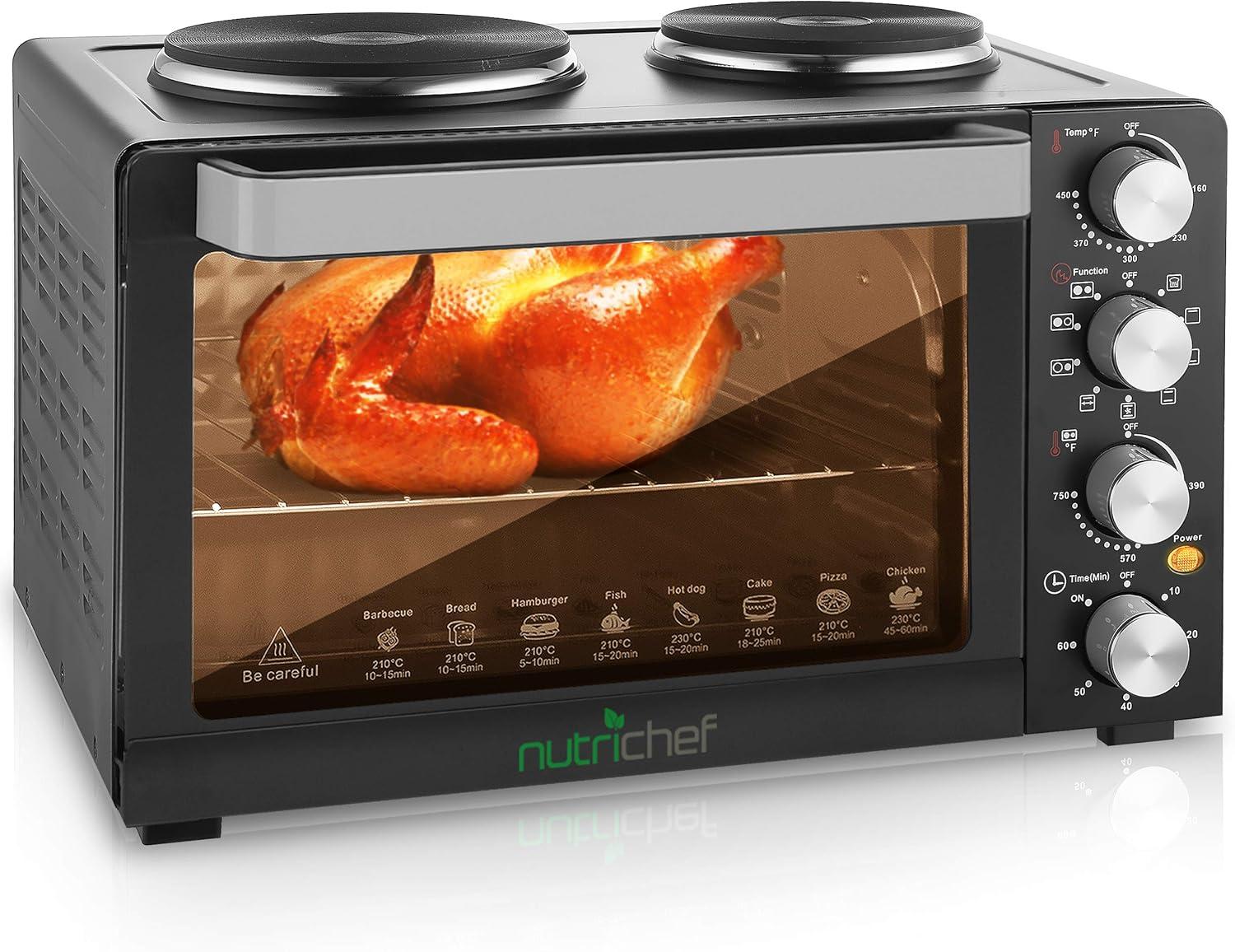 NutriChef 30+ Quart Countertop Convection Oven Cooker - 1500W Heating, Rotisserie, Dual Hot Plates, 120V - Black