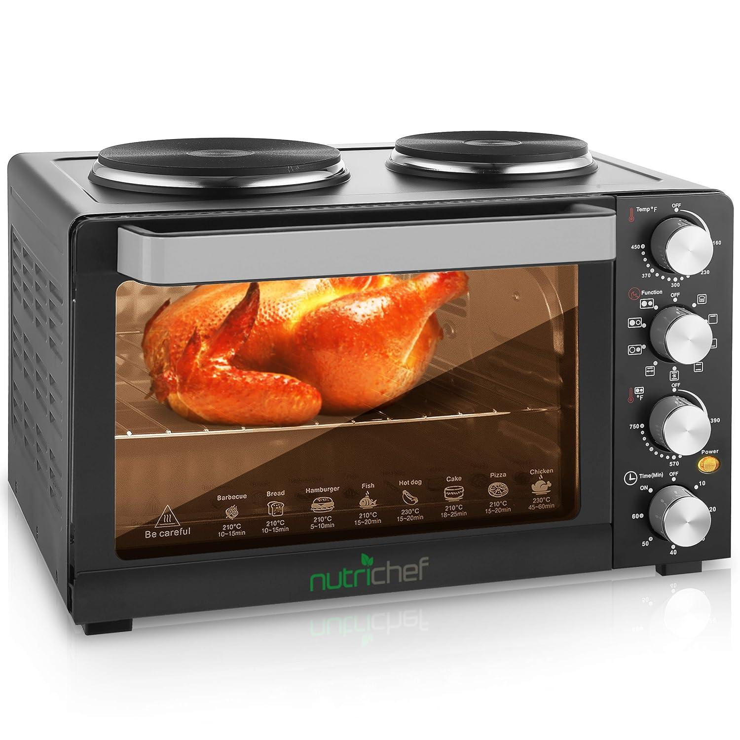 NutriChef 30+ Quart Countertop Convection Oven Cooker - 1500W Heating, Rotisserie, Dual Hot Plates, 120V - Black