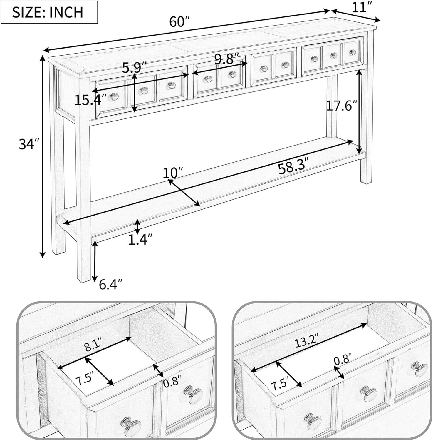 Merax Long Entryway Console Table with 4 Storage Drawers, 60" Solid Wood Sofa Table with Bottom Shelf, for Living Room Hallway, Espresso