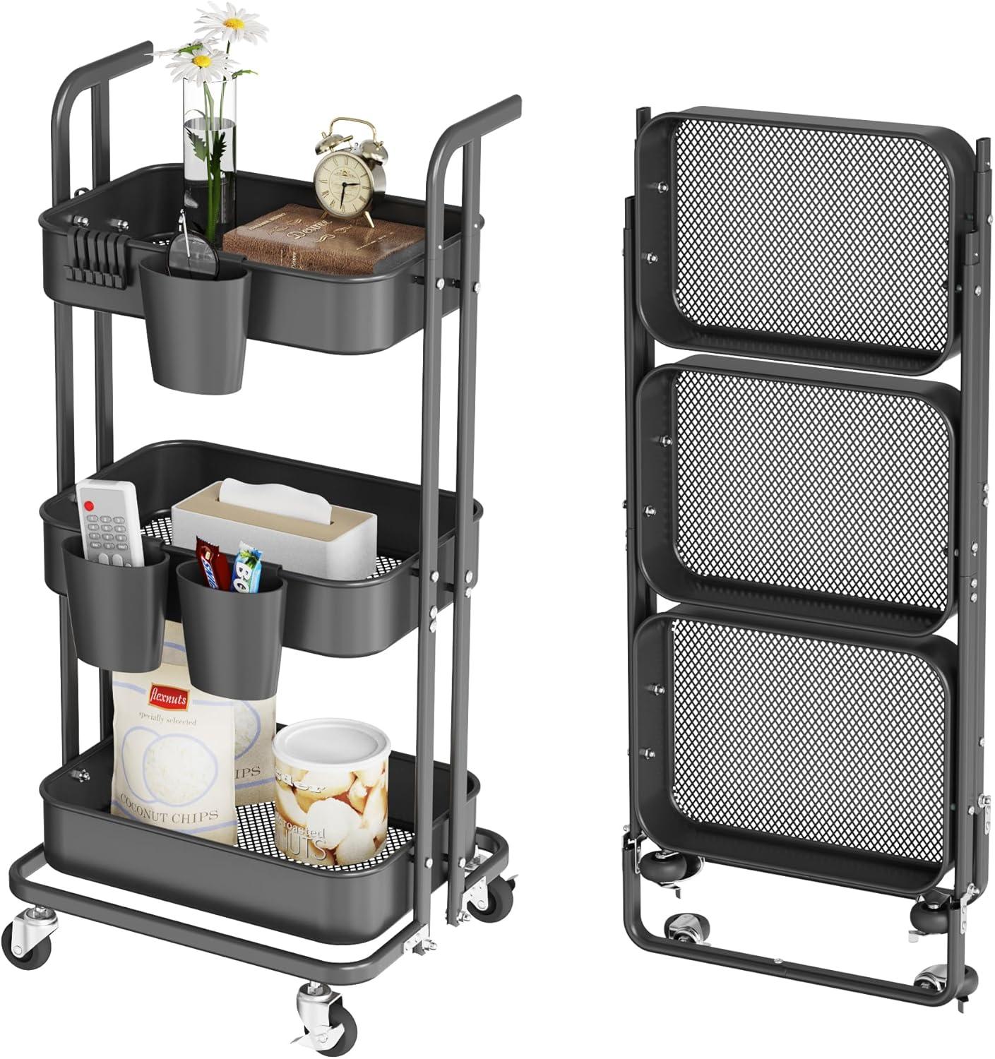 3-Tier Metal Mobile Cart, Foldable, Locking Wheels for Utility, Craft, Storage, Organization, Black