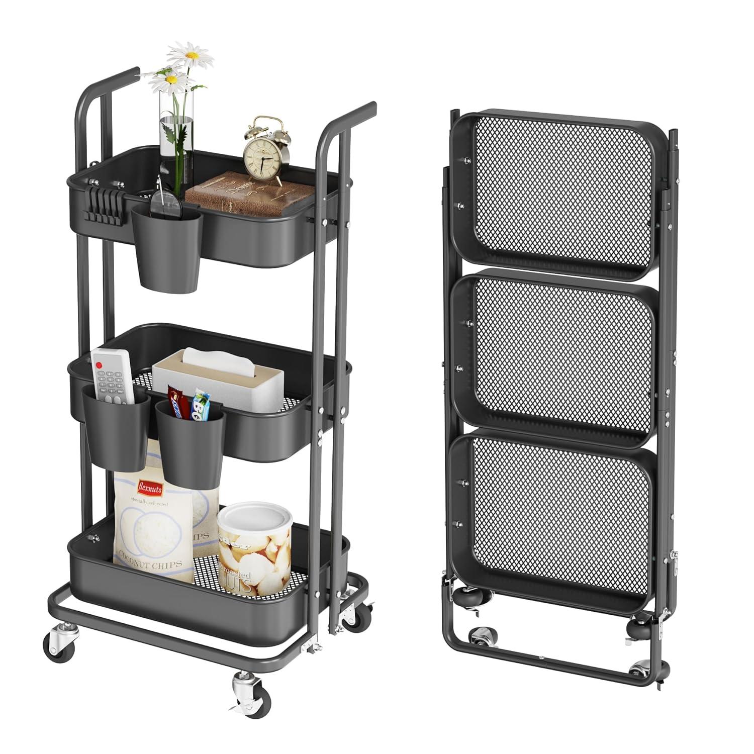 Wharick Foldable Storage Cart 3 Tier Rolling Cart with Wheels Folding Metal Cart Organizer with Handle Utility Cart with Basket for Kitchen Pantry, Classroom, Office