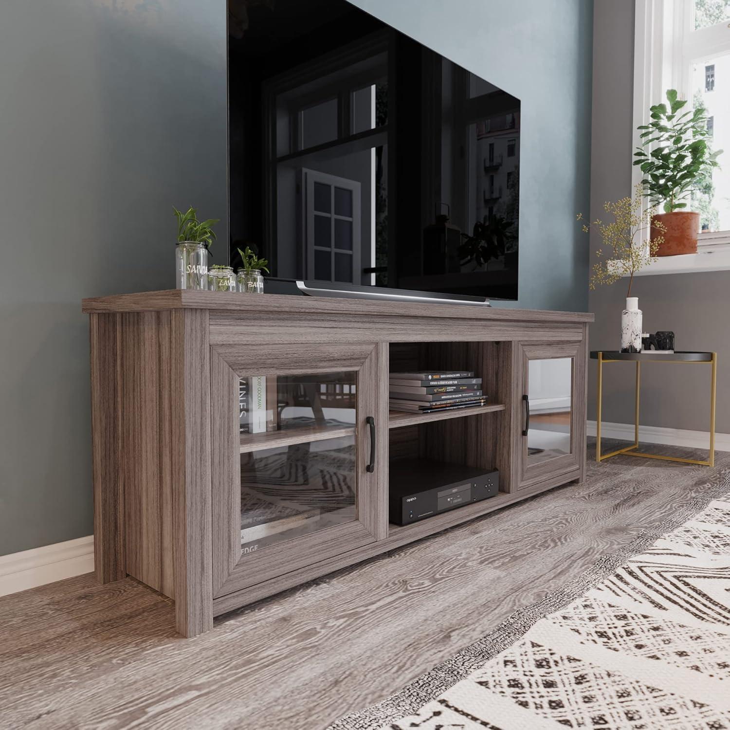 Sheffield 65" Gray Wash Oak TV Stand with Glass Doors