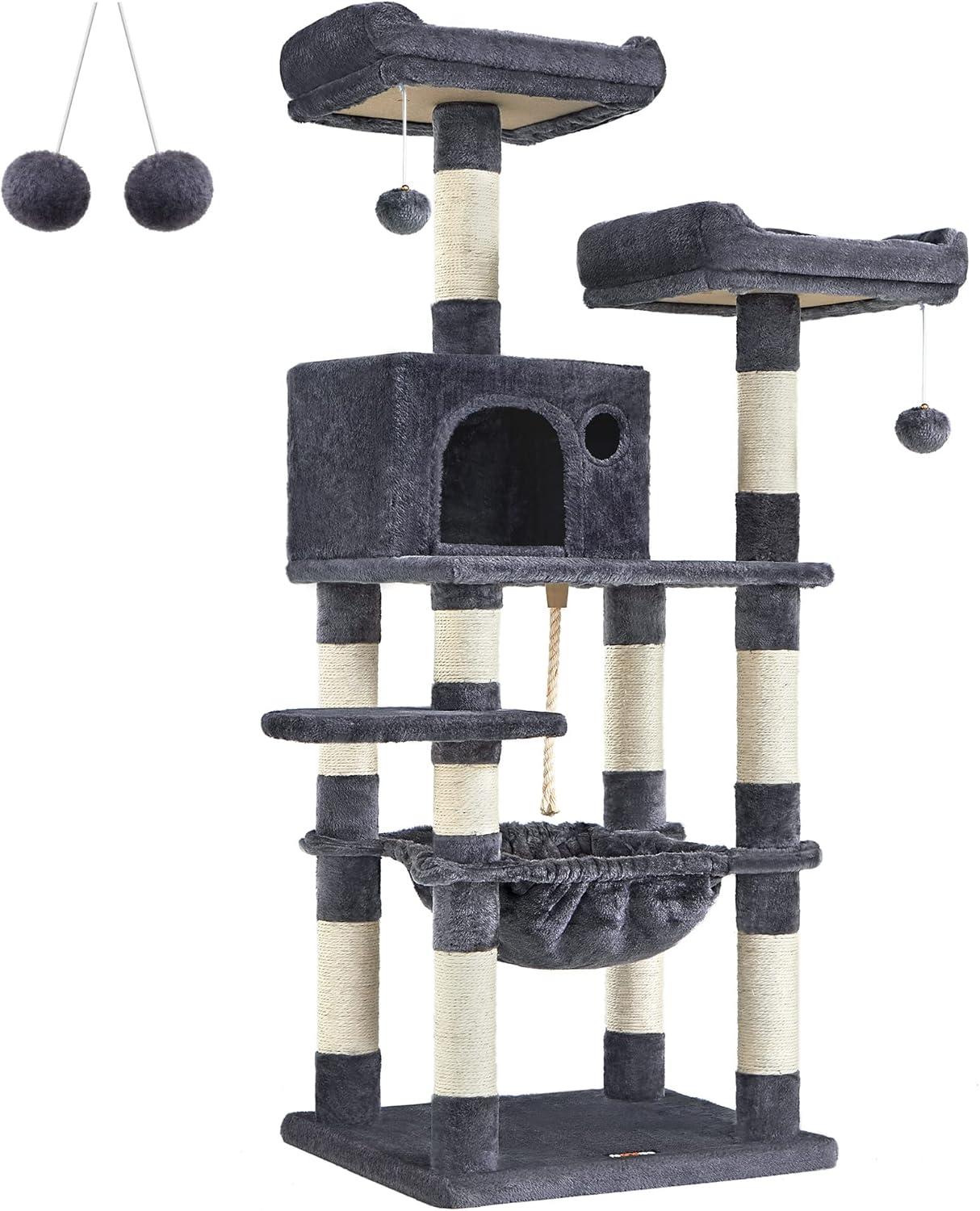 Smoky Gray 56.3" Cat Tree with Hammock and Scratching Posts