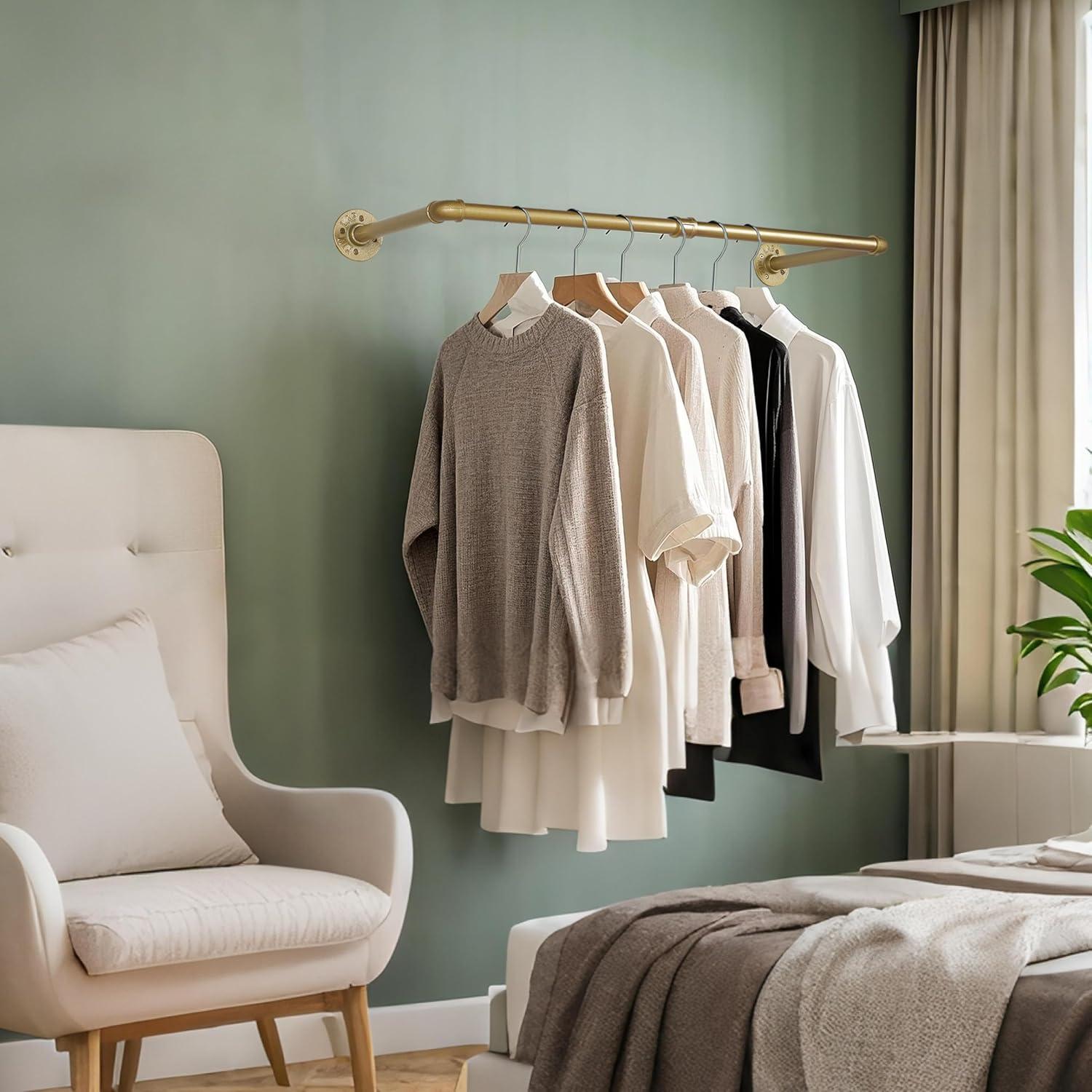 AddGrace 2 Pack Industrial Pipe Clothes Rack Gold Wall Mounted Clothing Rack for Hanging Clothes 34.5 Inch Multi-Purpose Garment Bar for Wardrobe and Laundry Room