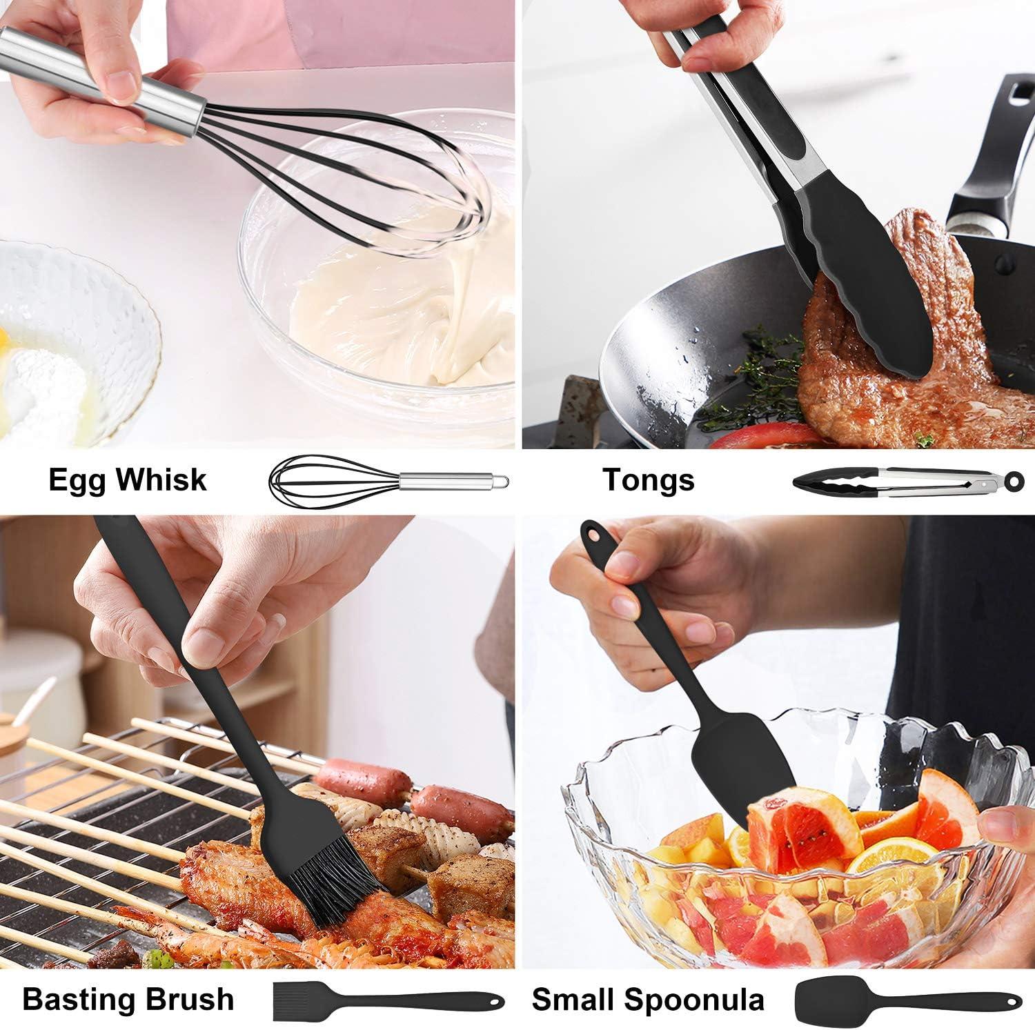 Walchoice 14 Pcs Cooking Utensils Set with Holder, Heat Resistant Silicone Kitchen Cookware Utensils Set, Kitchen Cooking Tools Includes Spatula Spoon Turner Whisk Tong, Dishwasher safe, Black