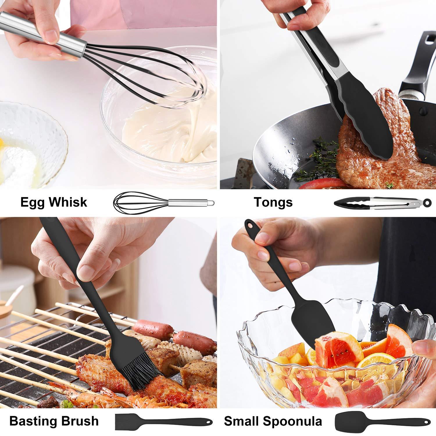 Walchoice 14 Pcs Cooking Utensils Set with Holder, Heat Resistant Silicone Kitchen Cookware Utensils Set, Kitchen Cooking Tools Includes Spatula Spoon Turner Whisk Tong, Dishwasher safe, Black