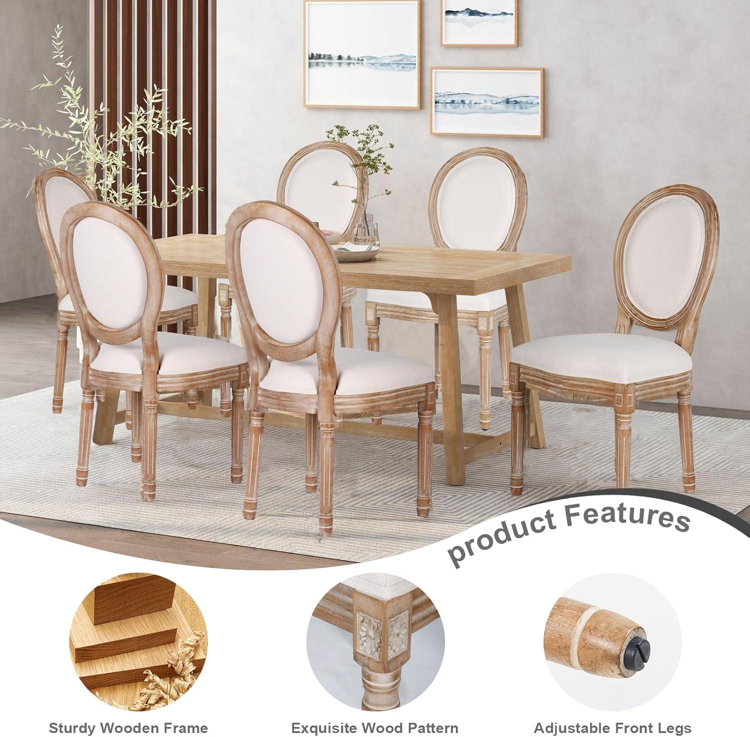 French Country Dining Chairs Set of 4, Cream Kitchen & Dining Room Chairs Set of 4, Ivory Linen Upholstered Dining Chairs, Wood Legs, Sillas De Comedor (Fabric, Beige, 4Pcs)