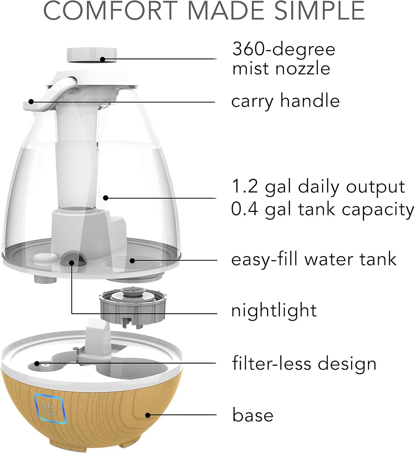 Compact Ash Woodgrain Ultrasonic Cool Mist Humidifier with Auto Shutoff