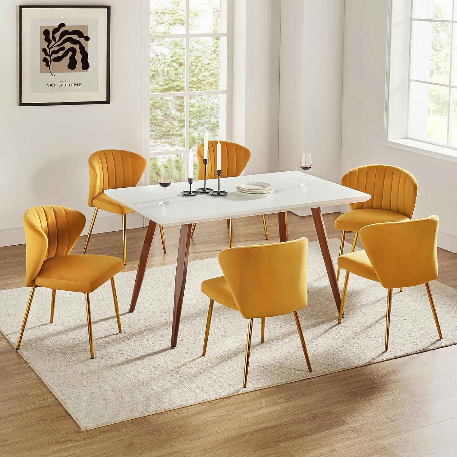 HULALA HOME Velvet Dining Chairs, Modern Small Armless Accent Chair with Gold Metal Legs, Living Room Upholstered Cute Side Chair, Elegant Tufted Back Vanity Chair for Bedroom/Beauty Room-Mustard