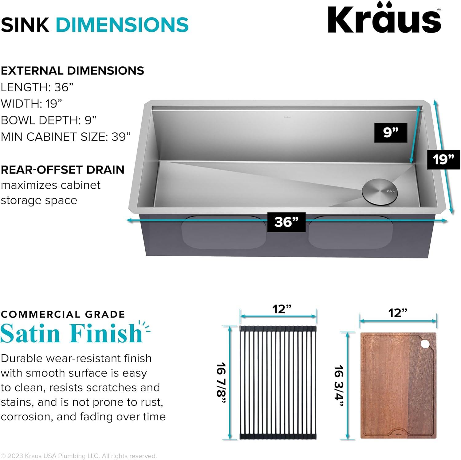 KRAUS Kore™ 36" L Undermount Workstation 16 Gauge Stainless Steel Single Bowl Kitchen Sink with Accessories