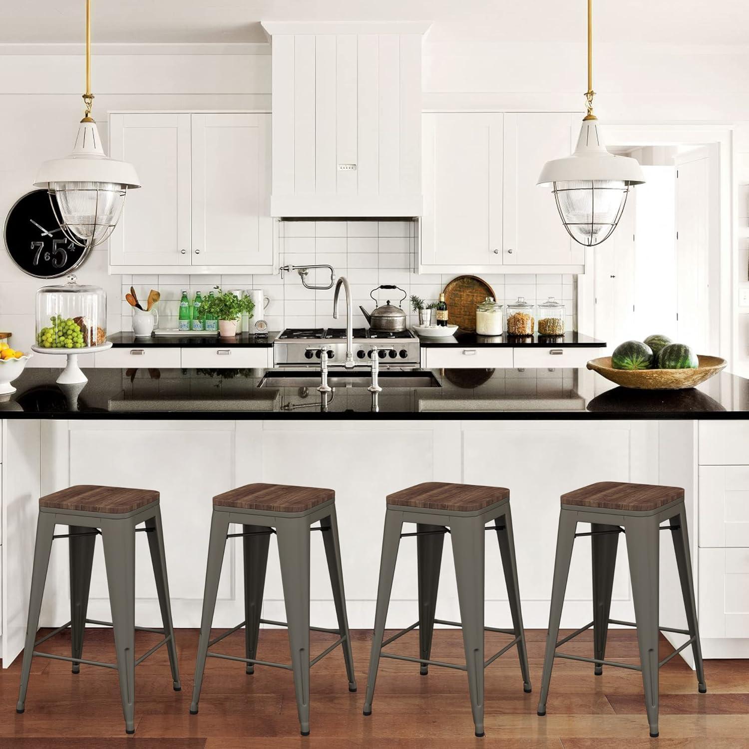WENTMENT Bar Stools Set of 4 Counter Height Bar Stools Metal Barstools with Removable Back 30" Kitchen Bar Stools with Wooden Seat, Rusty