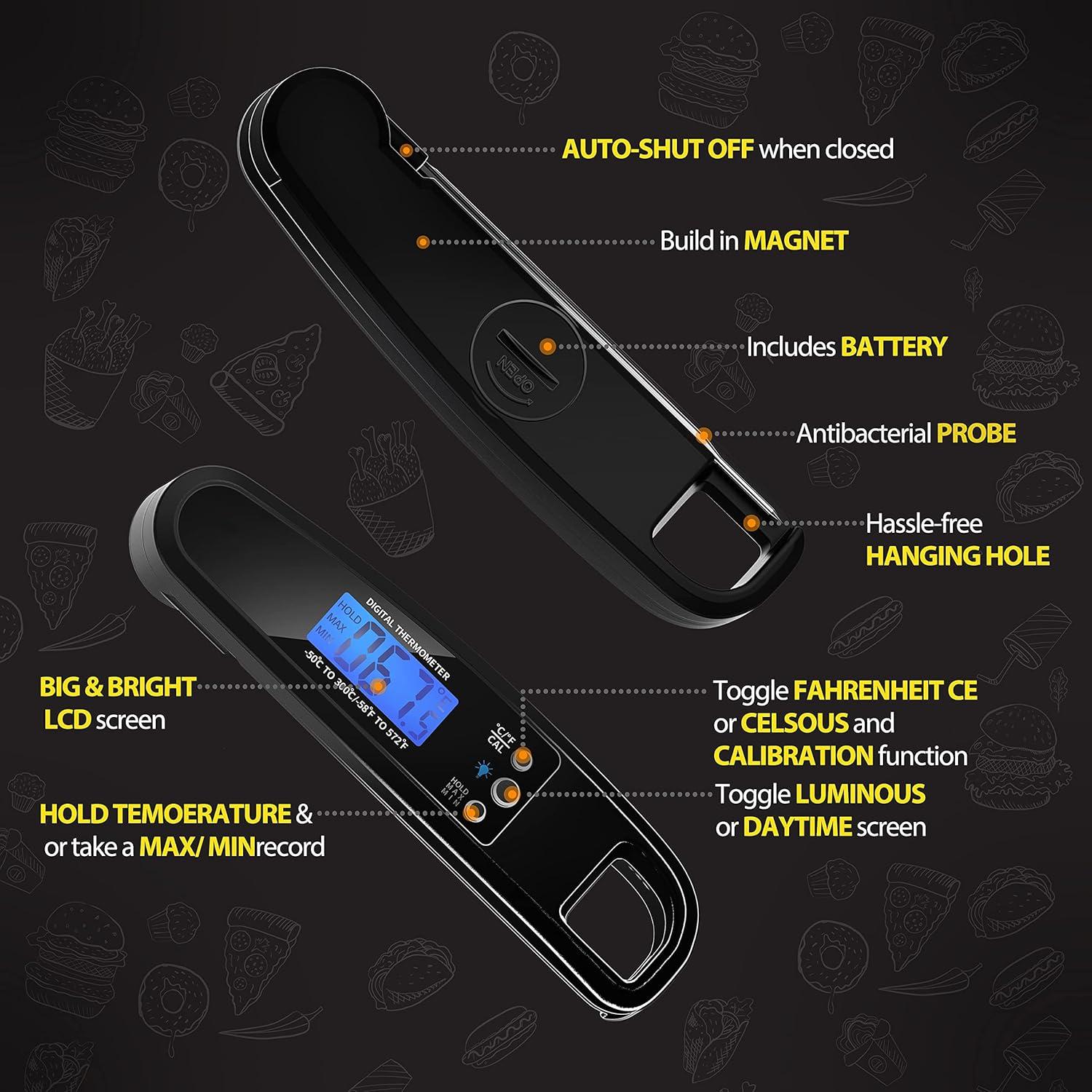 Powlaken Instant Read Meat Thermometer for Kitchen Cooking, Ultra Fast Precise Waterproof Digital Food Thermometer with Backlight, Magnet and Foldable Probe for Deep Fry, Outdoor BBQ, Grill (Black)