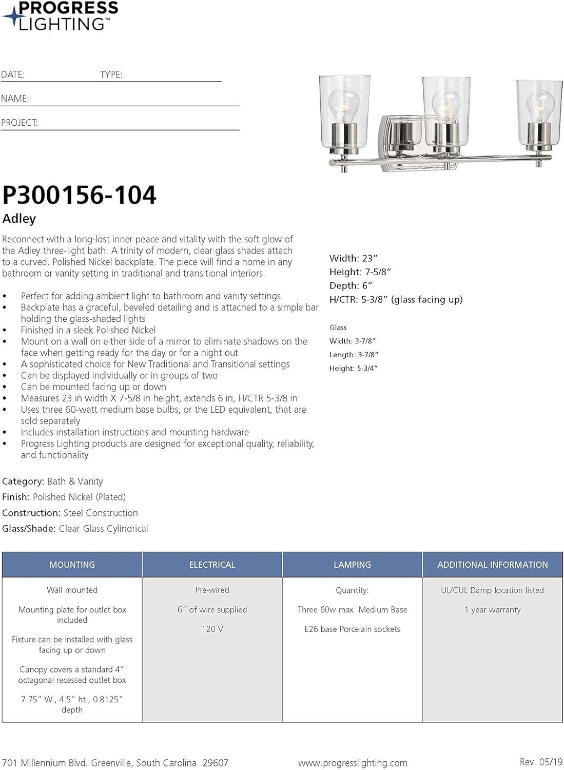 Progress Lighting Adley 3-Light Bath Vanity in Polished Nickel with Clear Glass Shades