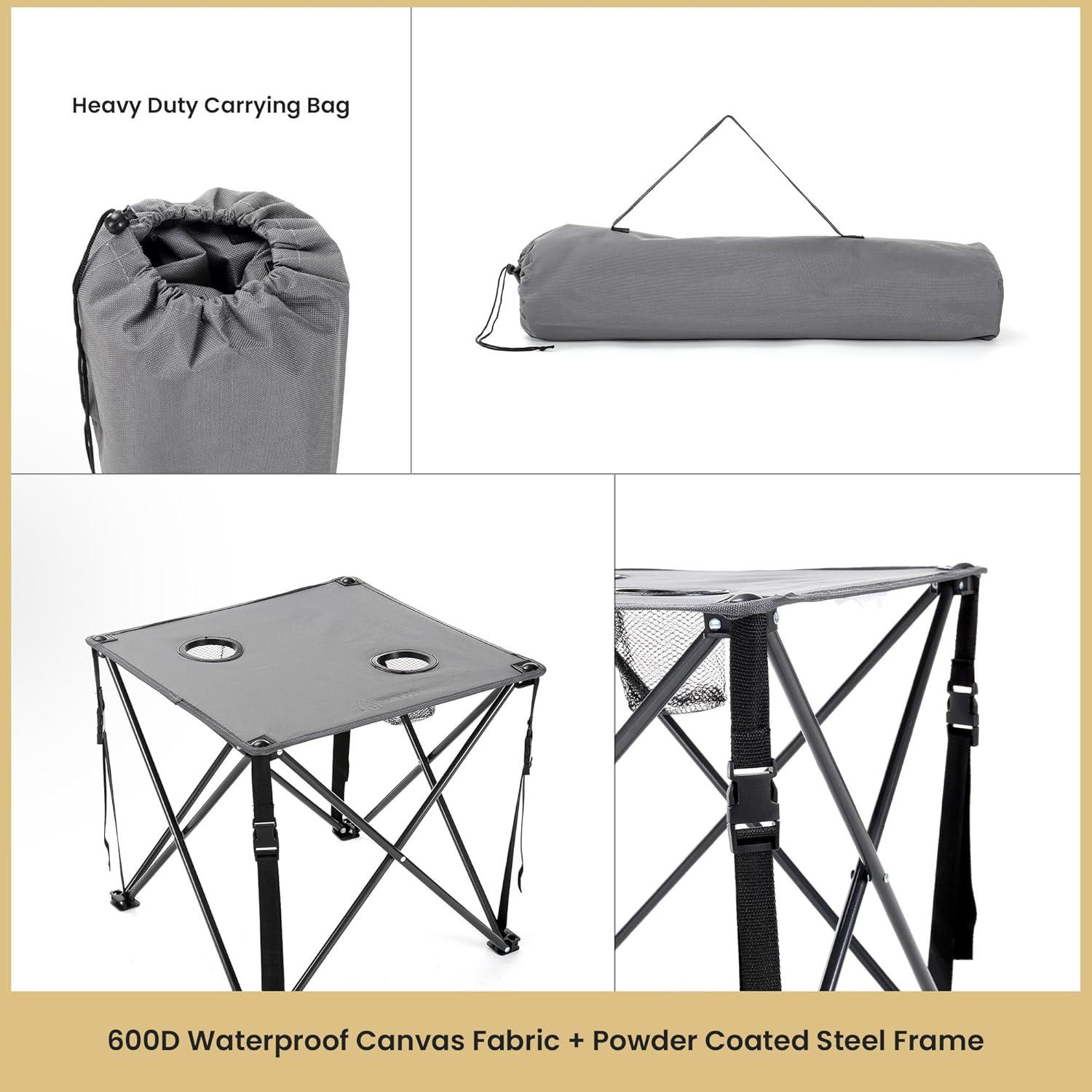 ARROWHEAD OUTDOOR 26” (66cm) Heavy-Duty Portable Camping Folding Table, 2 Cup Holders, Compact, Square, Carrying Case Included, Steel Frame, High-Grade 600D Canvas, USA-Based Support (Grey)