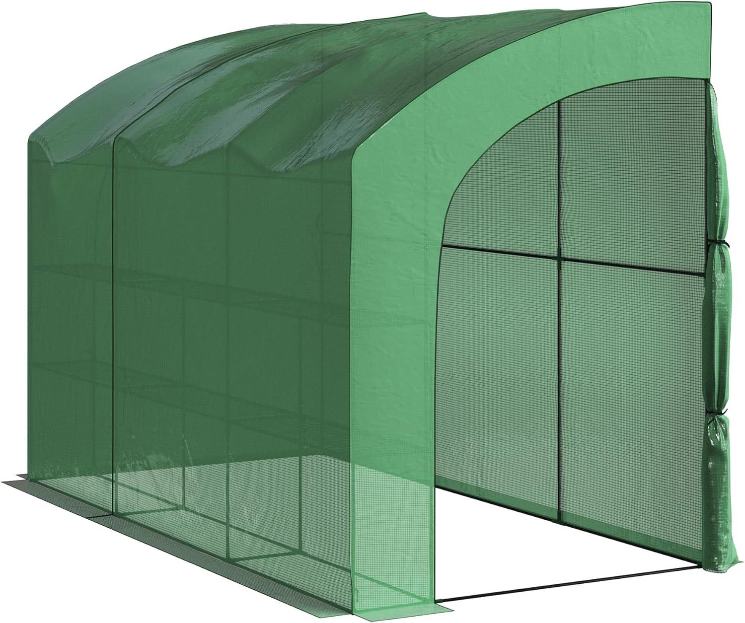 Lean To Greenhouse - 10ft x 5ft x 7ft Walk In Green House with Roll-Up Zippered Doors and 6 Shelves - Gardening Supplies by Home-Complete (Green)