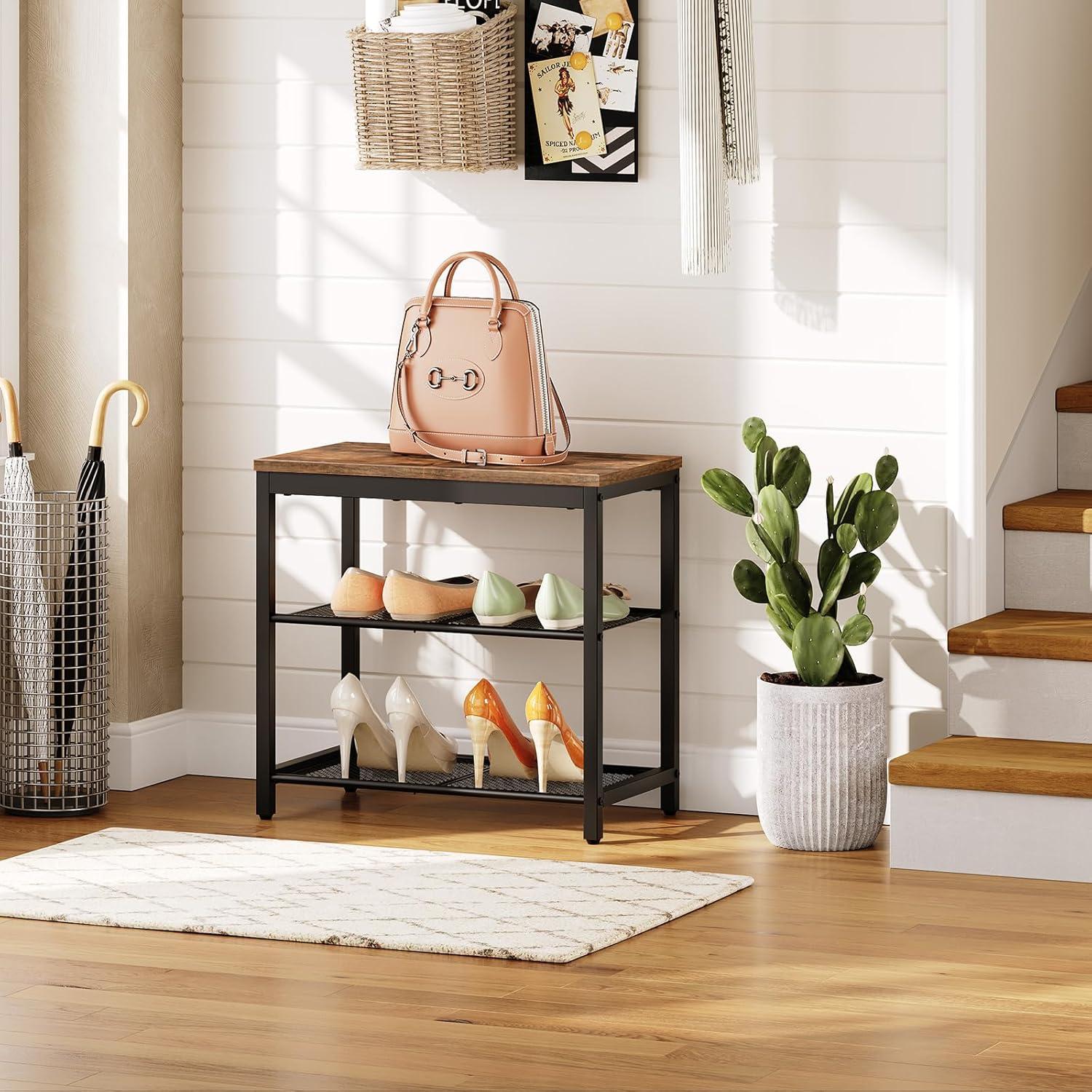 Rustic Brown and Black 3-Tier Industrial Shoe Storage Bench